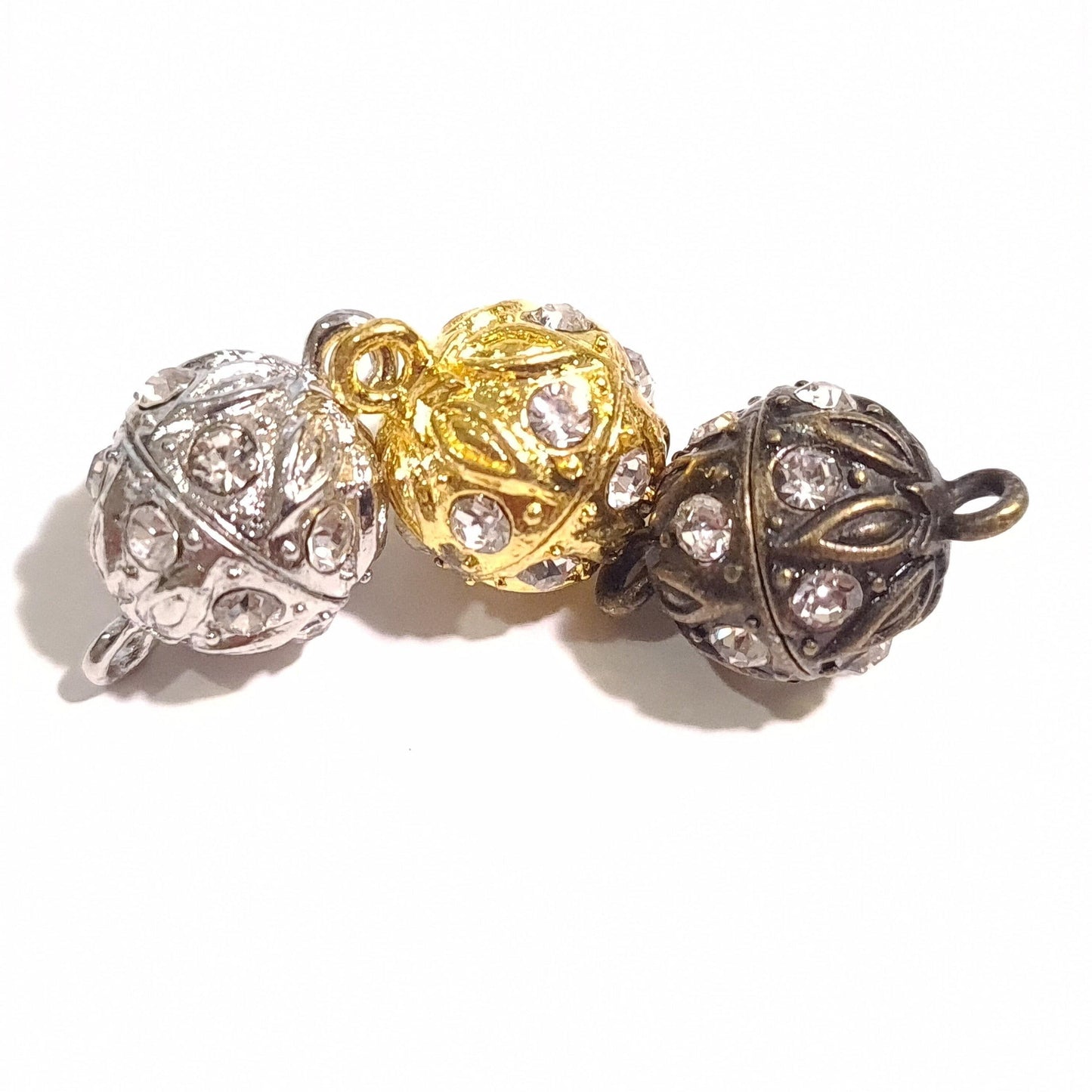 2 sets Silver, Gold, Antique Bronze 12mm Ball clasp with Rhinestone crystal setting, jewelry making Mag Ball clasp. 2 pcs sets