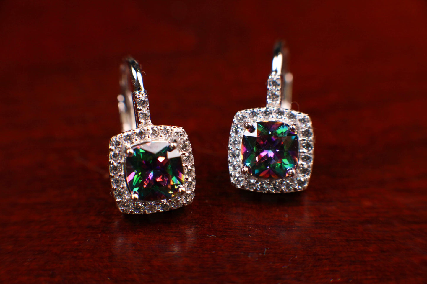 Mystic Topaz, 9mm Aurora borealis Mystic Topaz natural gemstone with CZ Diamond Leverback Earrings in 925 Sterling Silver Purple Earrings