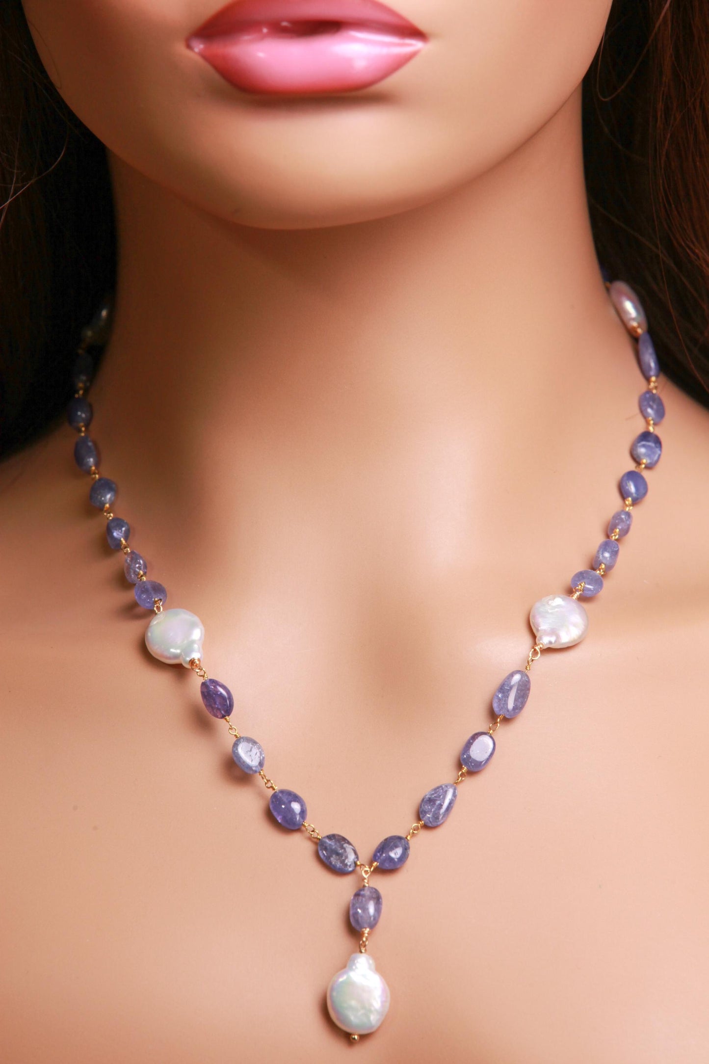 Natural Tanzanite 7-8.5mm smooth oval freshwater Coin pearl spacer and dangling pendat 18k Gold Vermeil handmade Necklace.