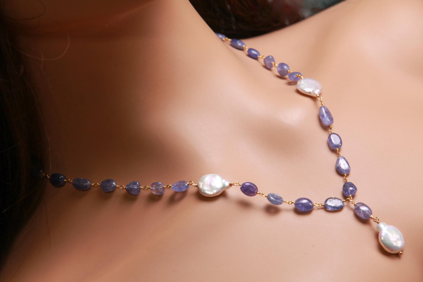 Natural Tanzanite 7-8.5mm smooth oval freshwater Coin pearl spacer and dangling pendat 18k Gold Vermeil handmade Necklace.