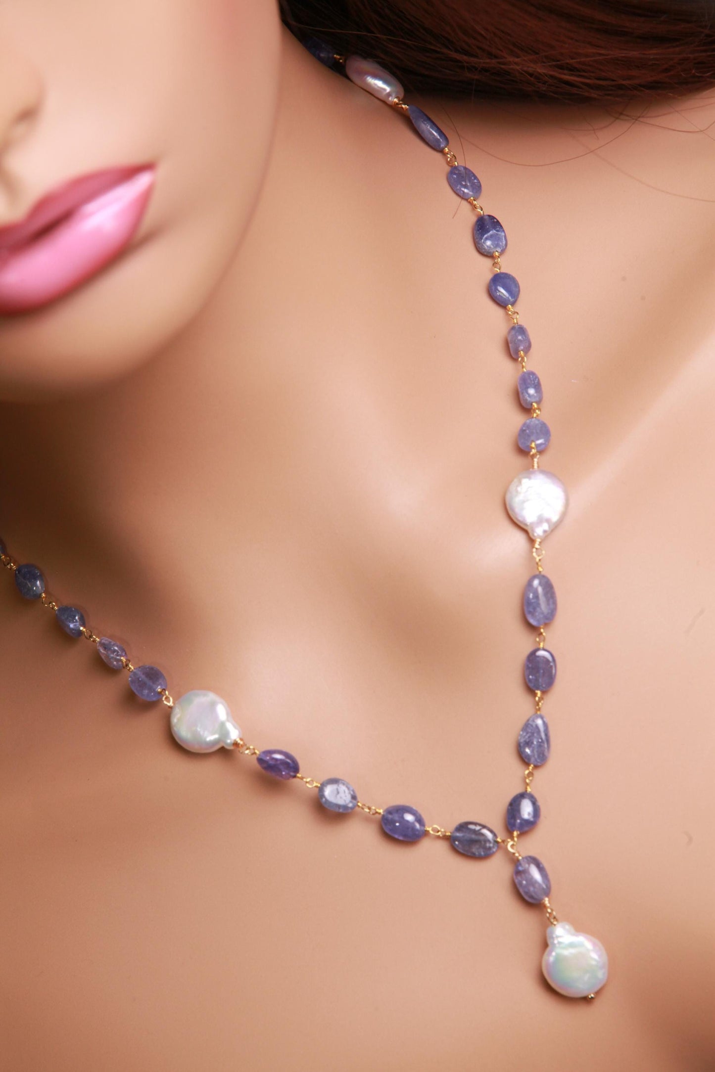 Natural Tanzanite 7-8.5mm smooth oval freshwater Coin pearl spacer and dangling pendat 18k Gold Vermeil handmade Necklace.