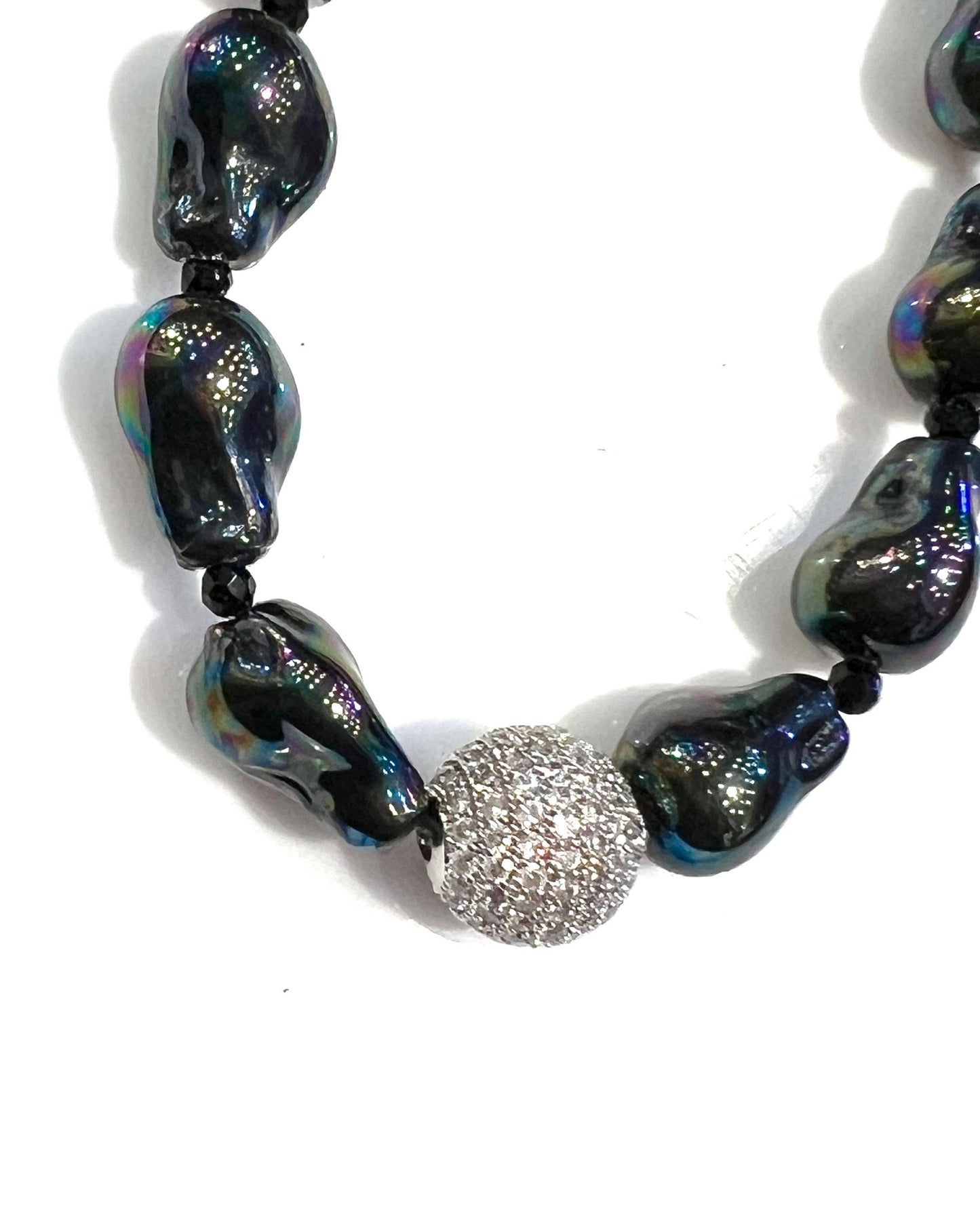 Black AB South Sea Shell Boruque Pearl 12x15mm large, CZ 12mm Diamond Ball front with mag clasp Statement Necklace, Party, Evening wear Gift