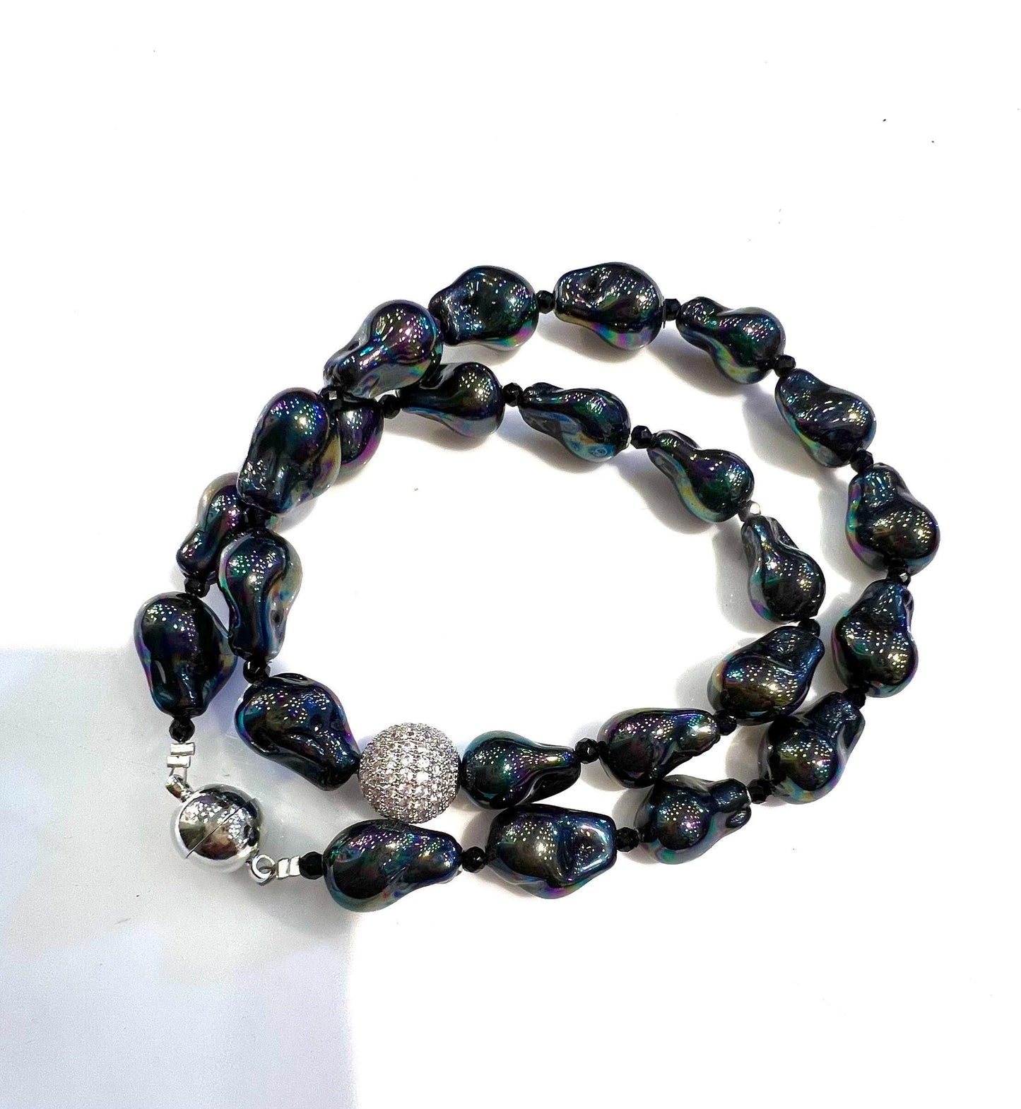 Black AB South Sea Shell Boruque Pearl 12x15mm large, CZ 12mm Diamond Ball front with mag clasp Statement Necklace, Party, Evening wear Gift