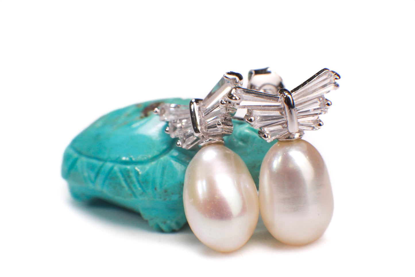 Natural Freshwater Pearl 10x16mm CZ Diamond Emerald cut Butterfly Post 925 Sterling Silver Earrings, Bridesmaid, bridal, wedding,925 Stamped