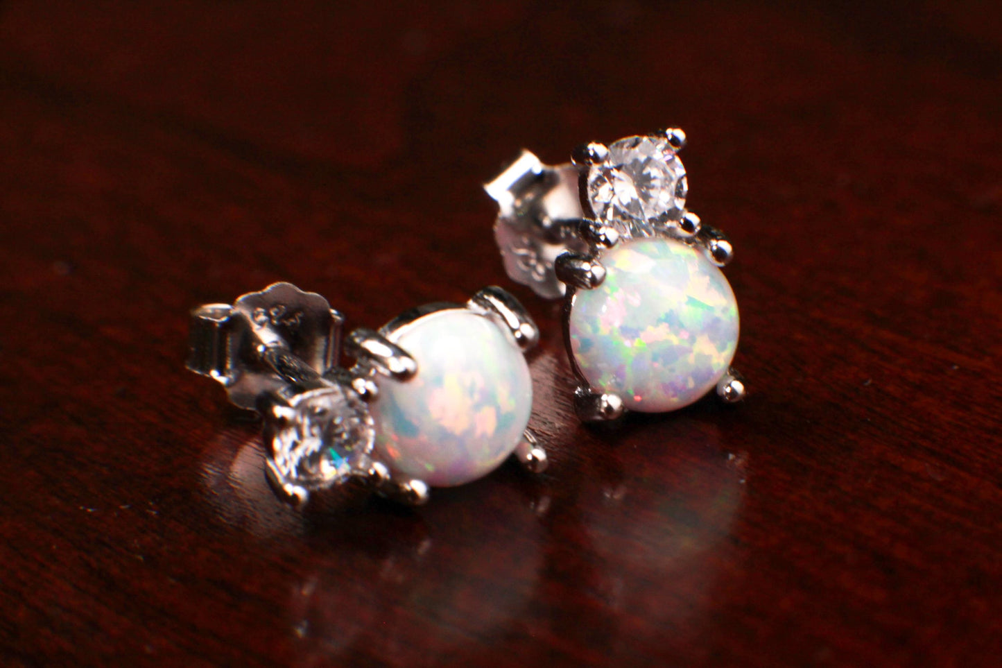 Genuine Ethiopian Fire Opal, Welo Opal, 6mm Round CZ Diamond top 925 Sterling silver Stud Earrings Fiery Opal 925 stamped Elegant Gift