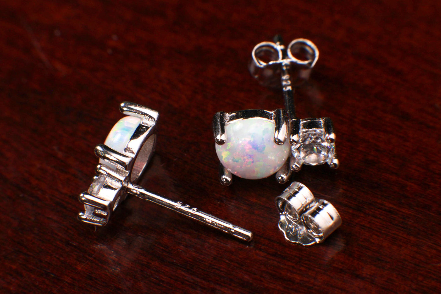 Genuine Ethiopian Fire Opal, Welo Opal, 6mm Round CZ Diamond top 925 Sterling silver Stud Earrings Fiery Opal 925 stamped Elegant Gift