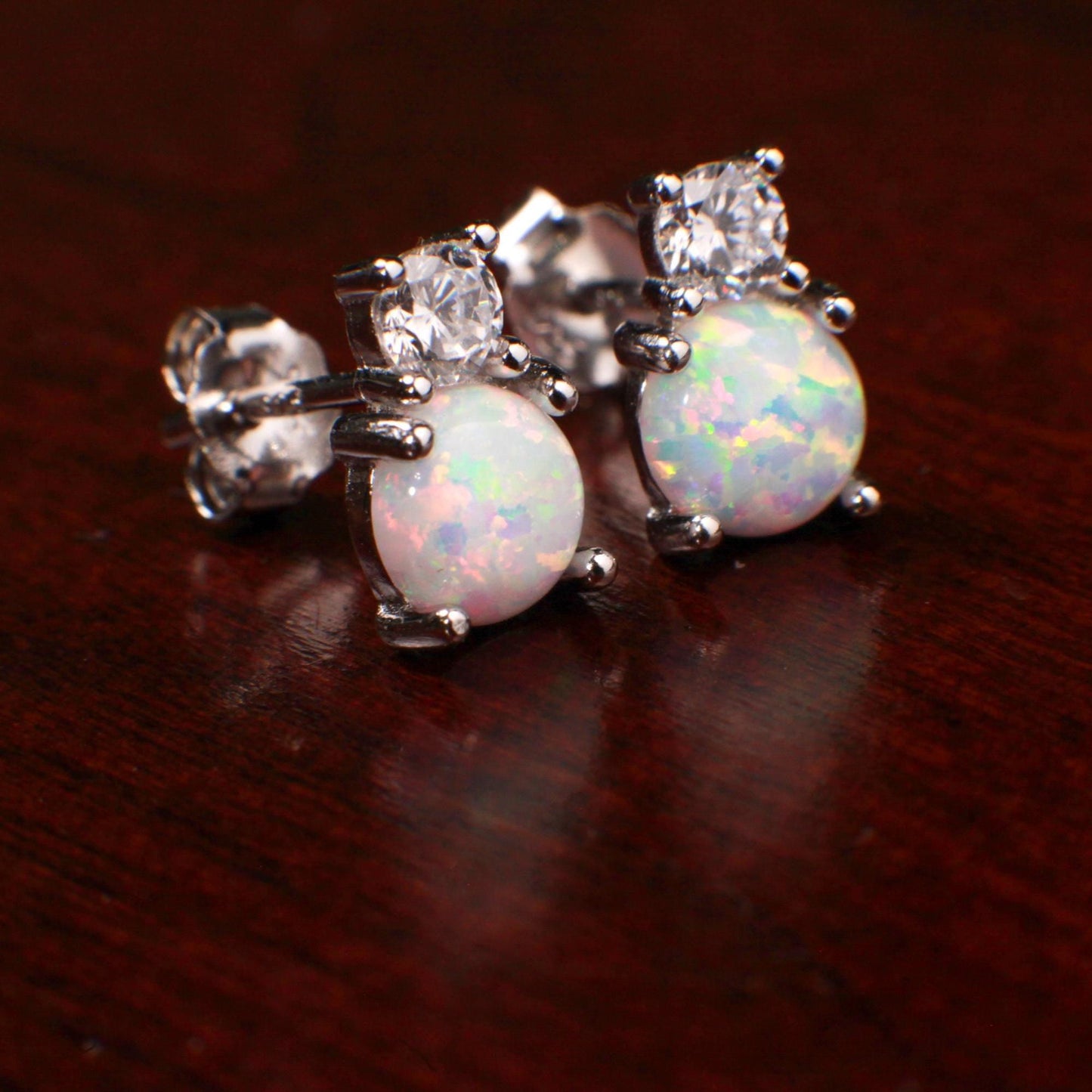 Genuine Ethiopian Fire Opal, Welo Opal, 6mm Round CZ Diamond top 925 Sterling silver Stud Earrings Fiery Opal 925 stamped Elegant Gift