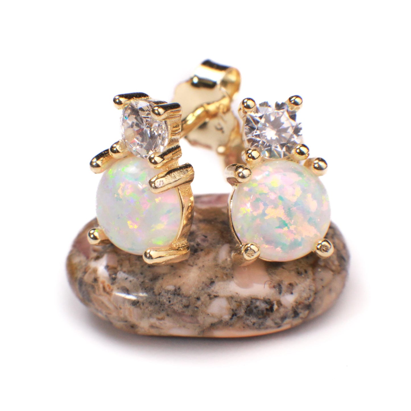 Genuine Ethiopian Fire Opal, Welo Opal, 6mm Round CZ Diamond top in 22k Gold Vermeil Stud Earrings Fiery Opal 925 stamped. Elegant gift