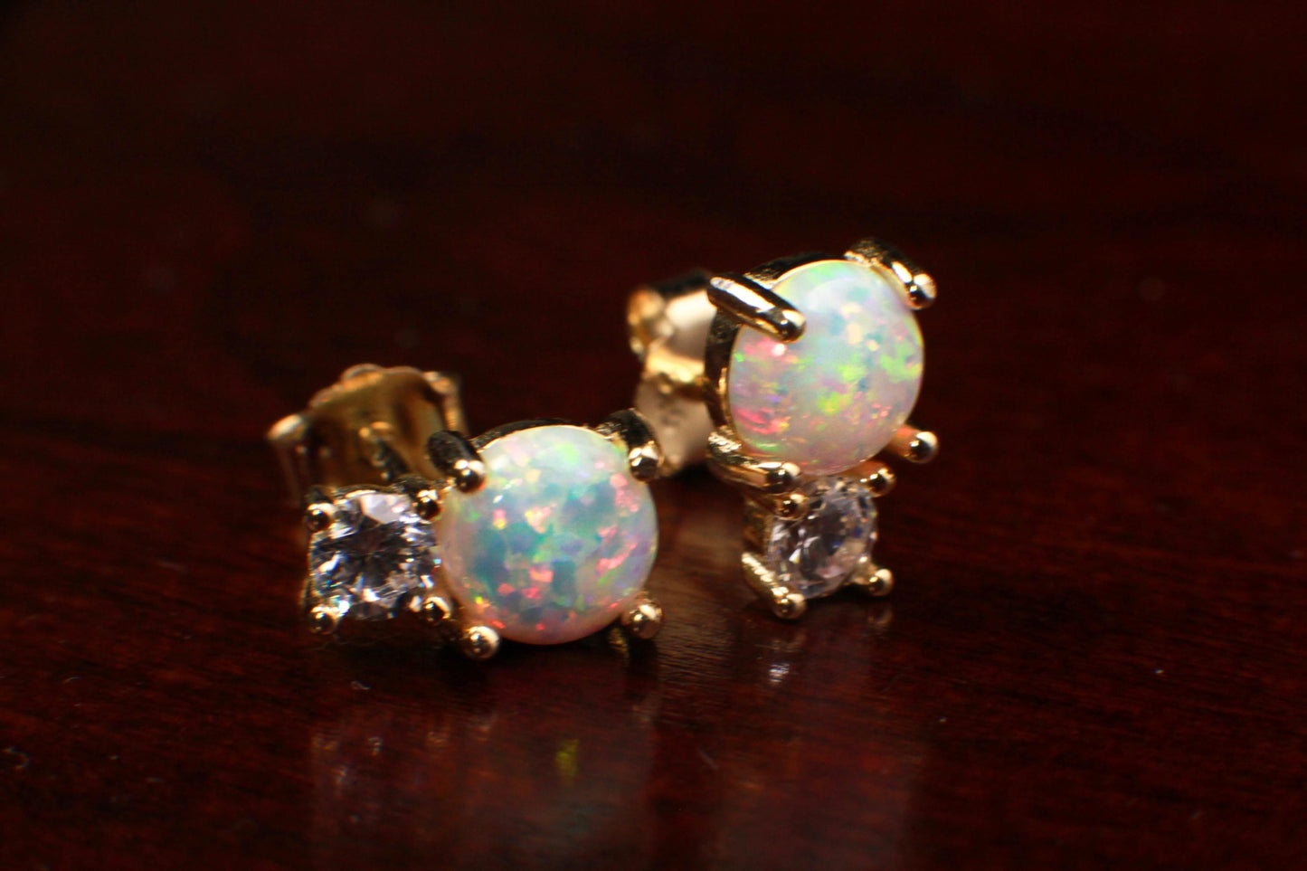 Genuine Ethiopian Fire Opal, Welo Opal, 6mm Round CZ Diamond top in 22k Gold Vermeil Stud Earrings Fiery Opal 925 stamped. Elegant gift
