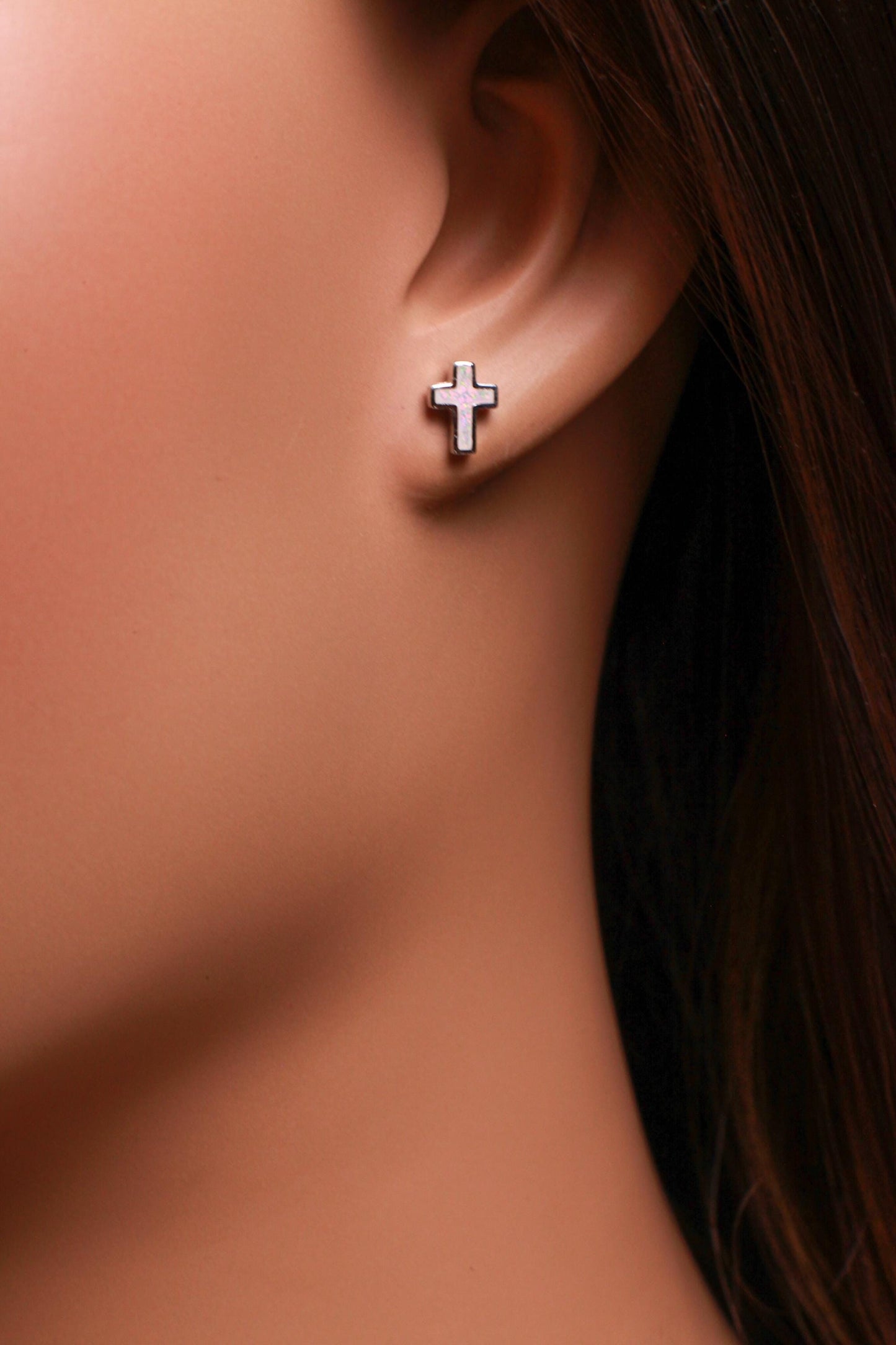 Ethiopian Fire Opal Cross Stud Earrings, Sterling Silver Dainty Jewelry