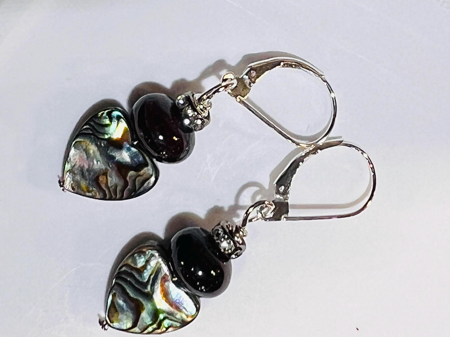 Genuine Abalone 12mm Heart shape double sided w/Garnet smooth 12mm and rhinestone spacer 925 Sterling silver earrings Handmade Gift for Her