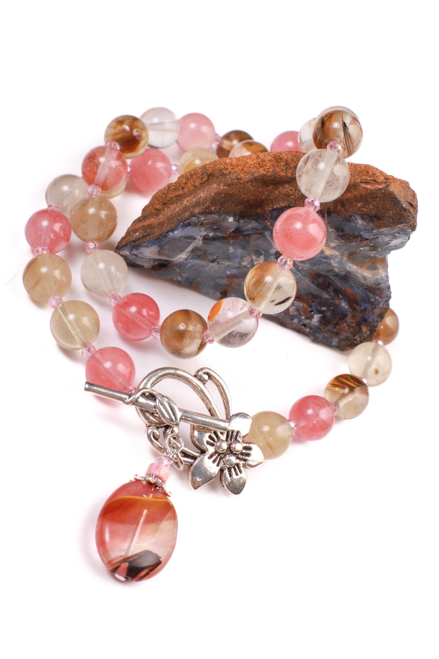 Fire Strawberry quartz 10mm round beaded necklace with pendant fancy silver flower toggle pink strawberry shaded necklace