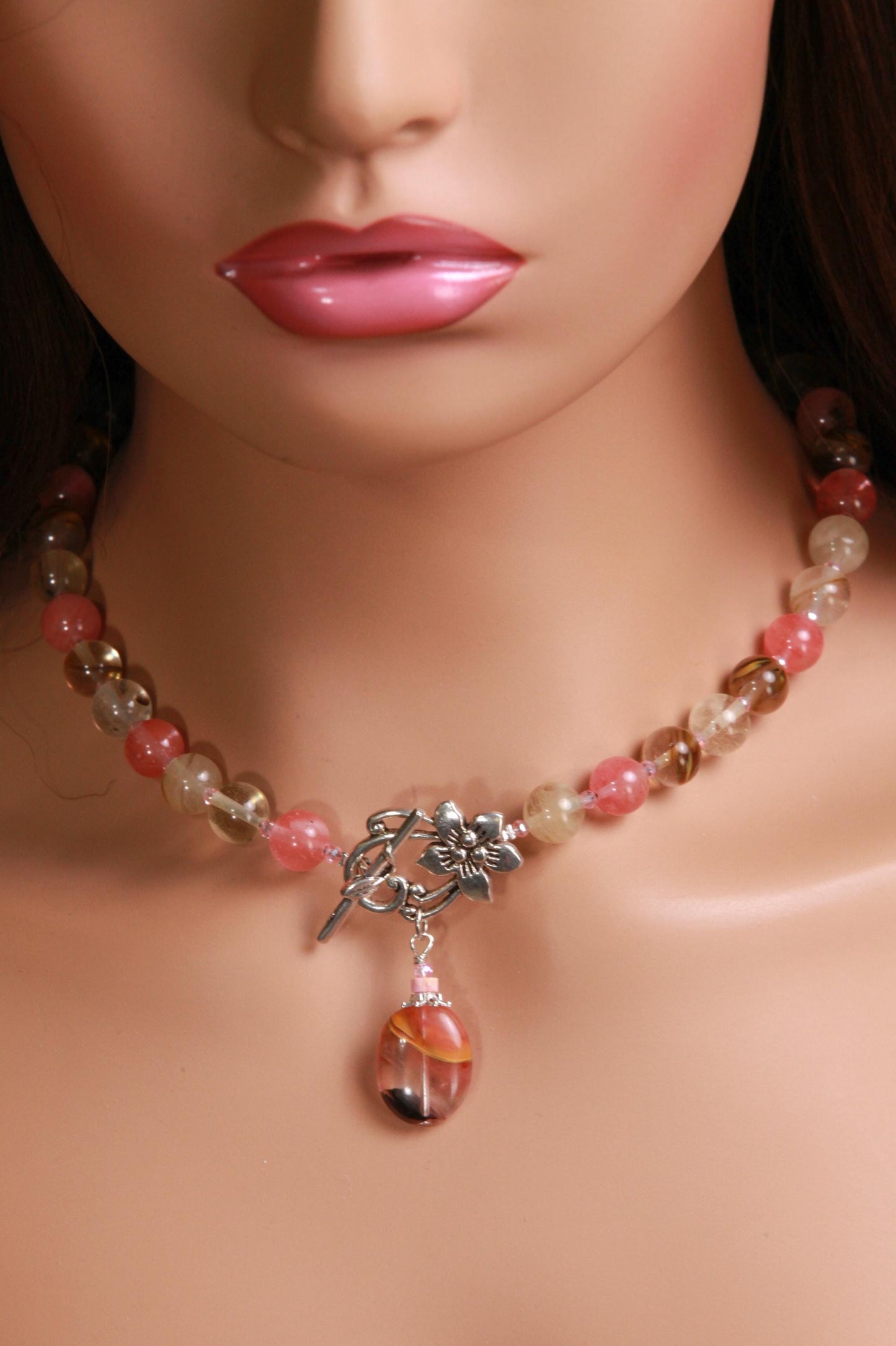 Fire Strawberry quartz 10mm round beaded necklace with pendant fancy silver flower toggle pink strawberry shaded necklace
