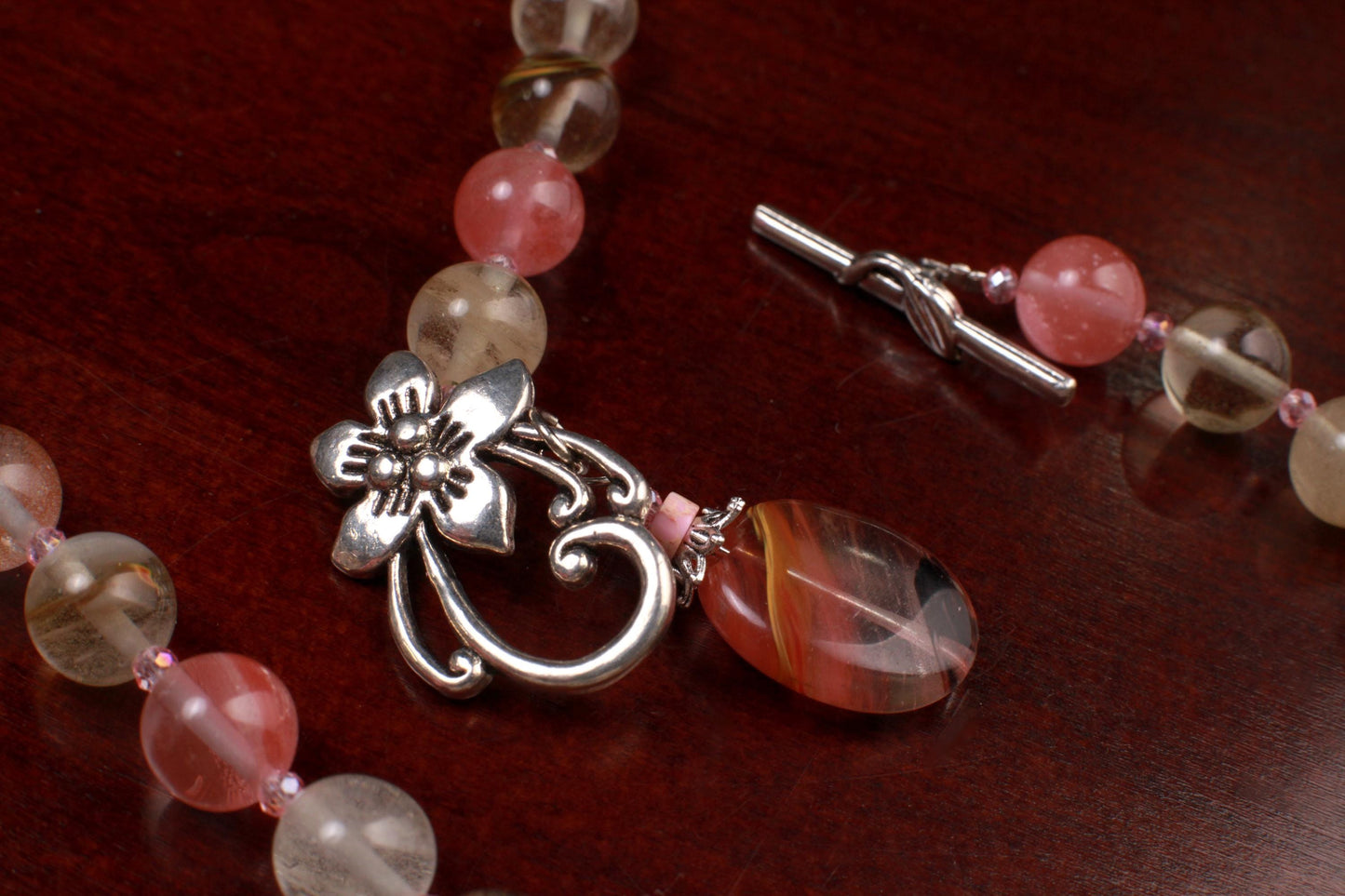 Fire Strawberry quartz 10mm round beaded necklace with pendant fancy silver flower toggle pink strawberry shaded necklace