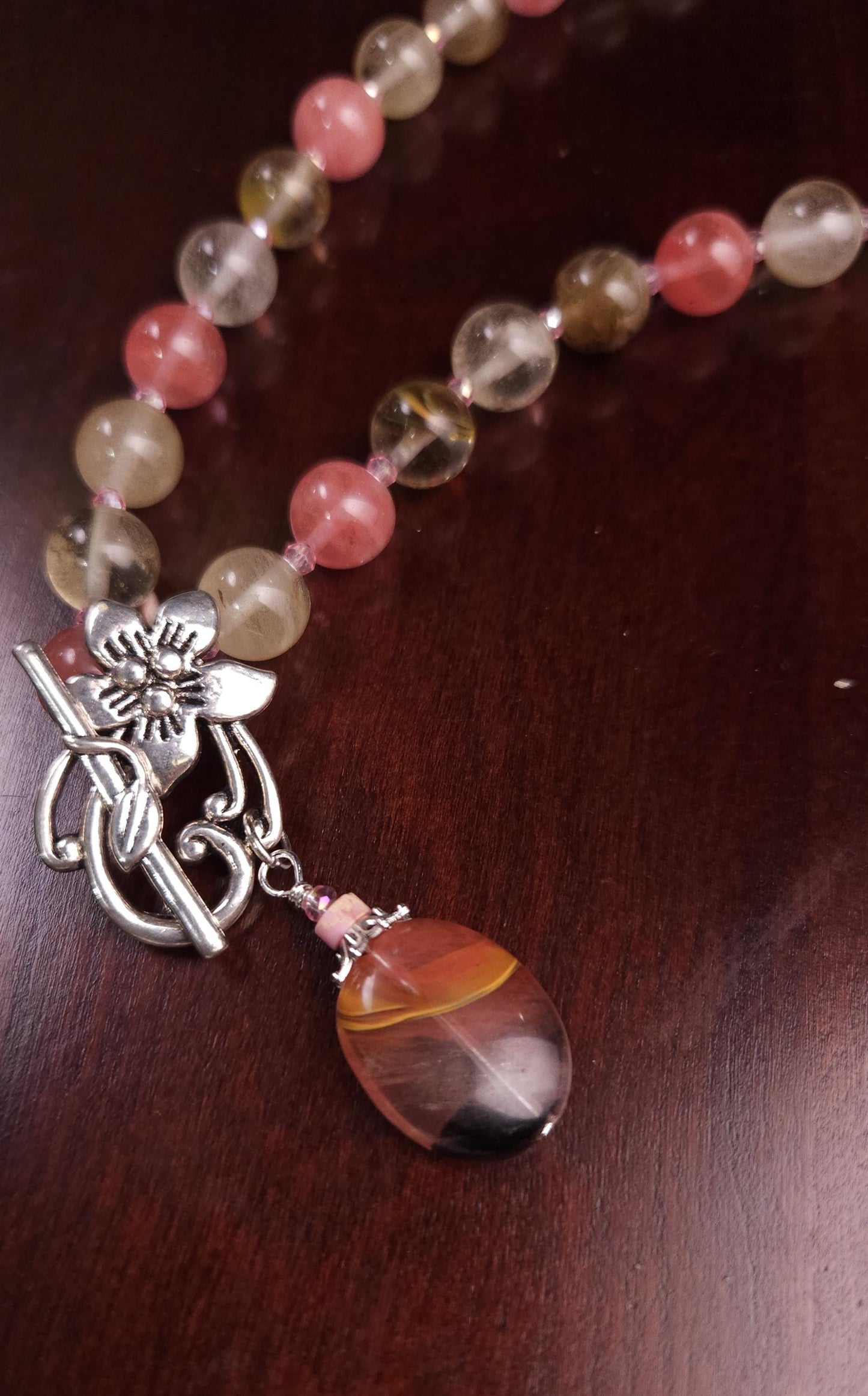 Fire Strawberry quartz 10mm round beaded necklace with pendant fancy silver flower toggle pink strawberry shaded necklace