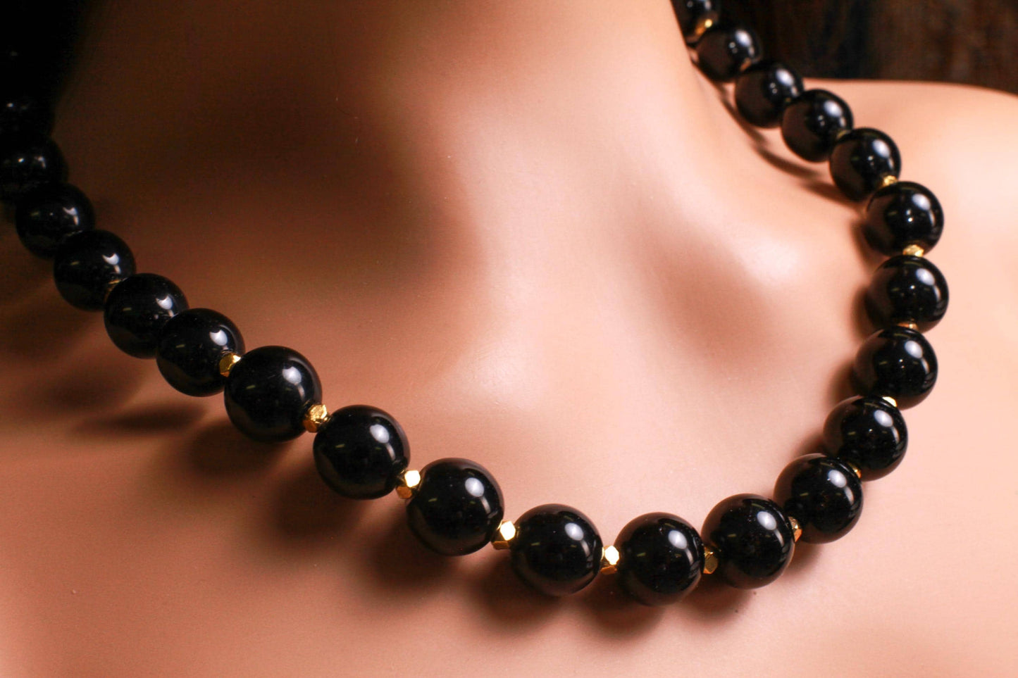 Genuine Black Onyx 14mm 18" Gold Necklace with 3" Extension Chain. High Quality Onyx smooth polished Bead. Elegant Gift for Mom