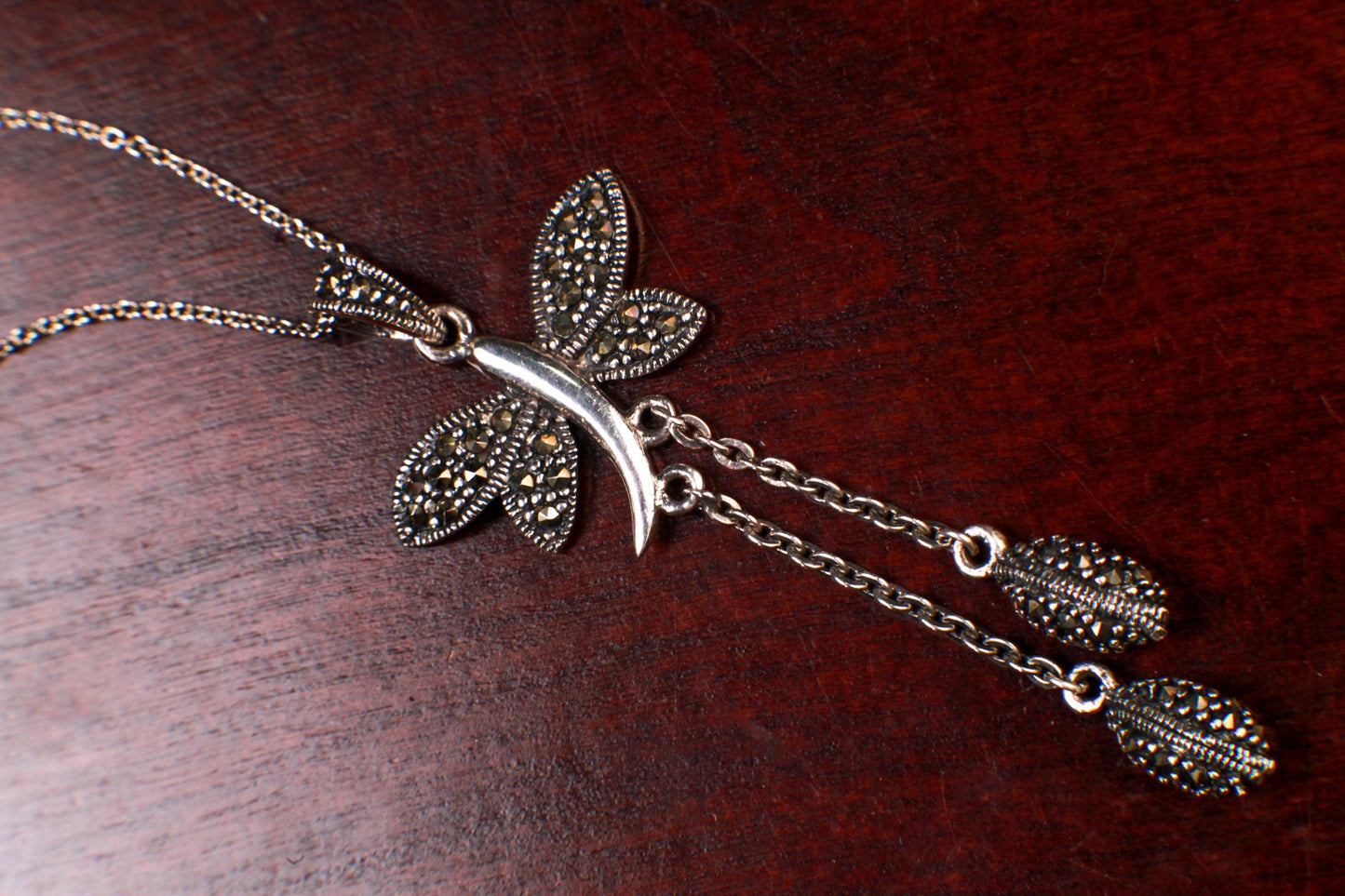 Marcasite 925 Sterling Butterfly Pendant 23mm with 2 Oval marcasite charm dangling Rhodium Sterling Silver Chain, Vintage antique gift