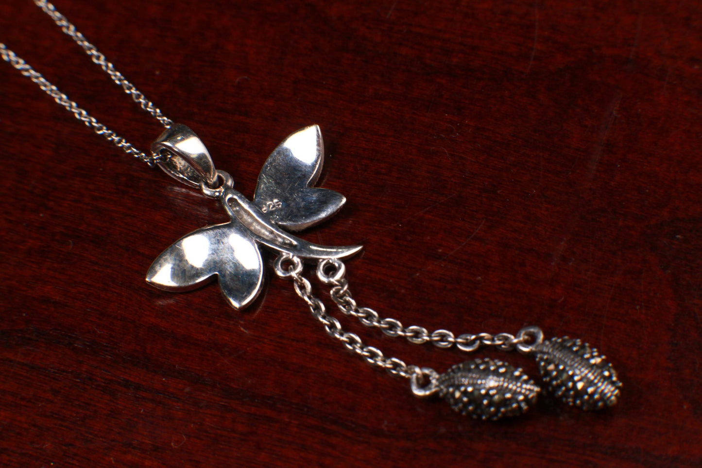 Marcasite 925 Sterling Butterfly Pendant 23mm with 2 Oval marcasite charm dangling Rhodium Sterling Silver Chain, Vintage antique gift