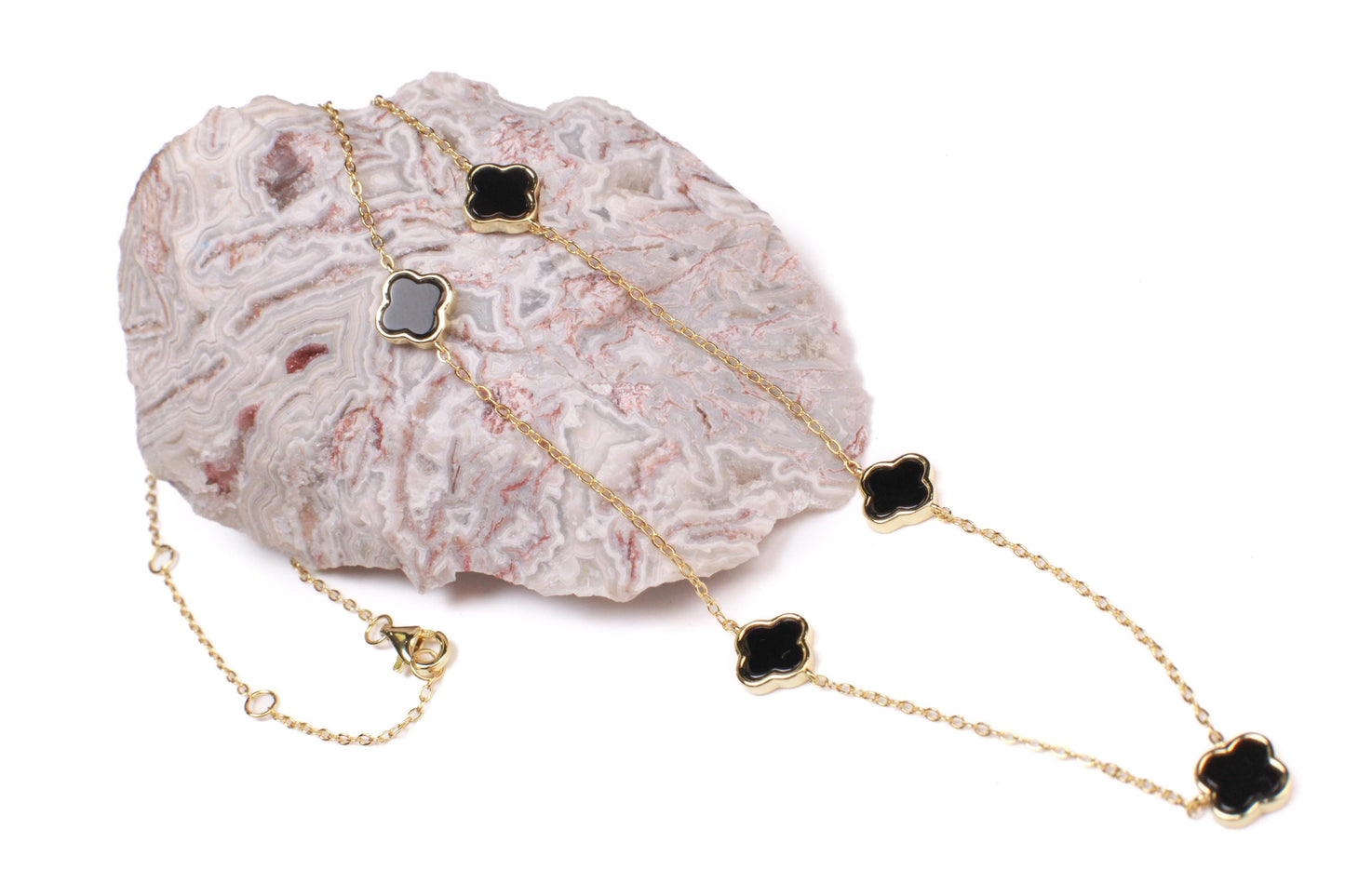 22K Gold Vermeil, 925 Sterling Silver, Flowers Charm 8.5mm Natural Black Onyx 5pcs Adjustable 16”,17",18" 3 in 1 necklace
