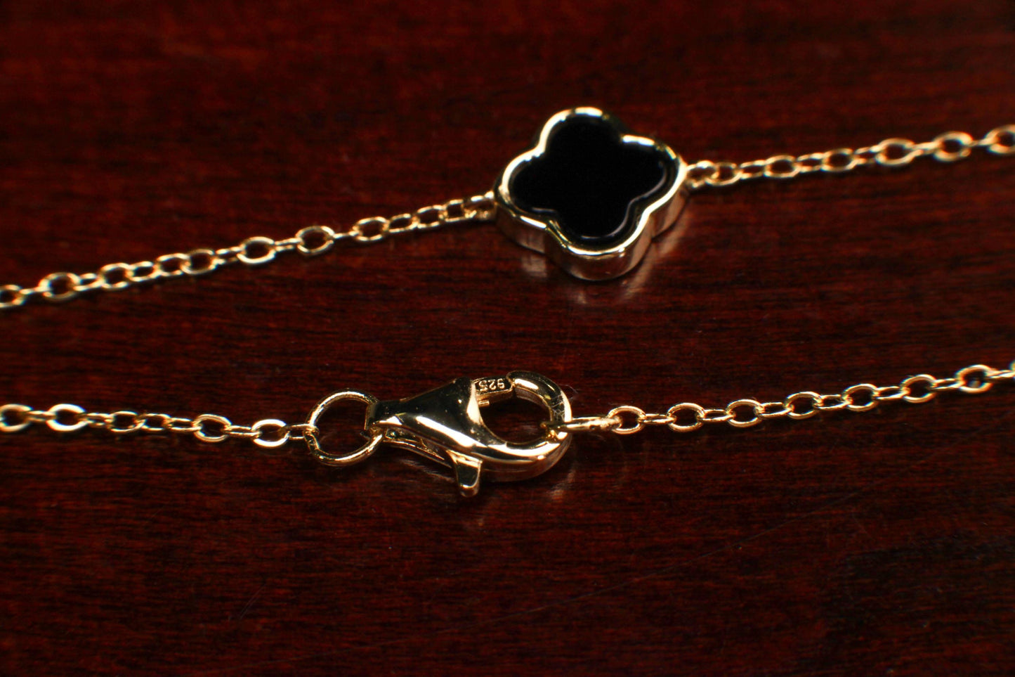 22K Gold Vermeil, 925 Sterling Silver, Flowers Charm 8.5mm Natural Black Onyx 5pcs Adjustable 16”,17",18" 3 in 1 necklace