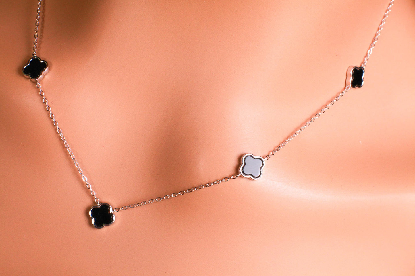 925 Sterling Silver, 18k Gold Vermeil Clover Charm 8.5mm Natural Black Onyx lucky charm 5pcs Clover Adjustable 16”,17",18" 3 in 1 necklace