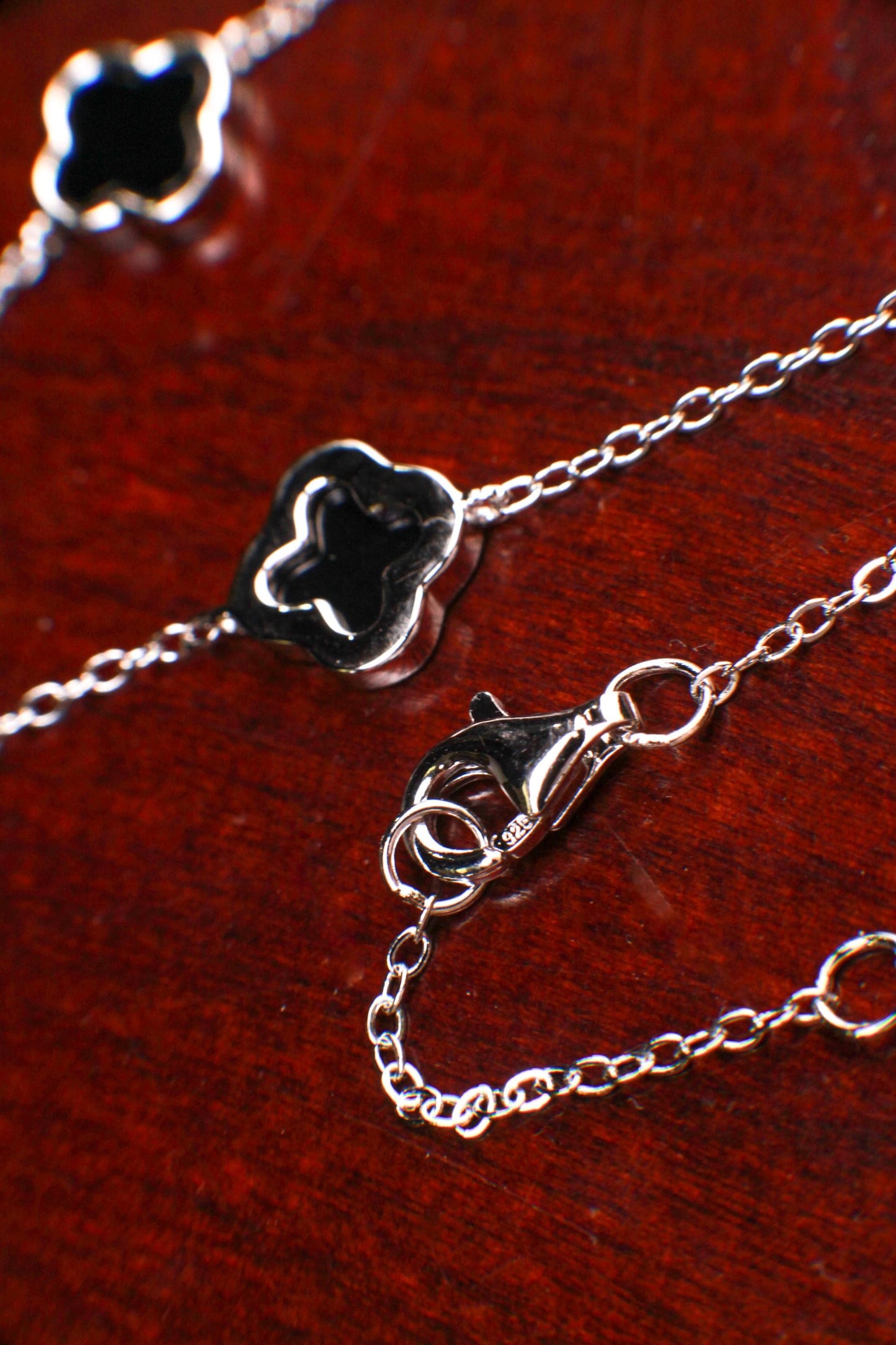 925 Sterling Silver, 18k Gold Vermeil Clover Charm 8.5mm Natural Black Onyx lucky charm 5pcs Clover Adjustable 16”,17",18" 3 in 1 necklace