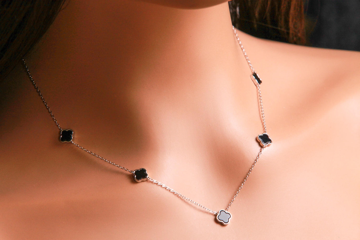 925 Sterling Silver, 18k Gold Vermeil Clover Charm 8.5mm Natural Black Onyx lucky charm 5pcs Clover Adjustable 16”,17",18" 3 in 1 necklace