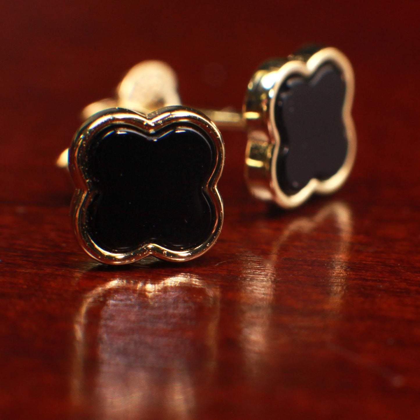 Natural Black Onyx 8mm Four Leaf Flower Stud Earrings in 18K Gold Vermeil over 925 Sterling Silver Earrings, 925 Stamped Charm earring love