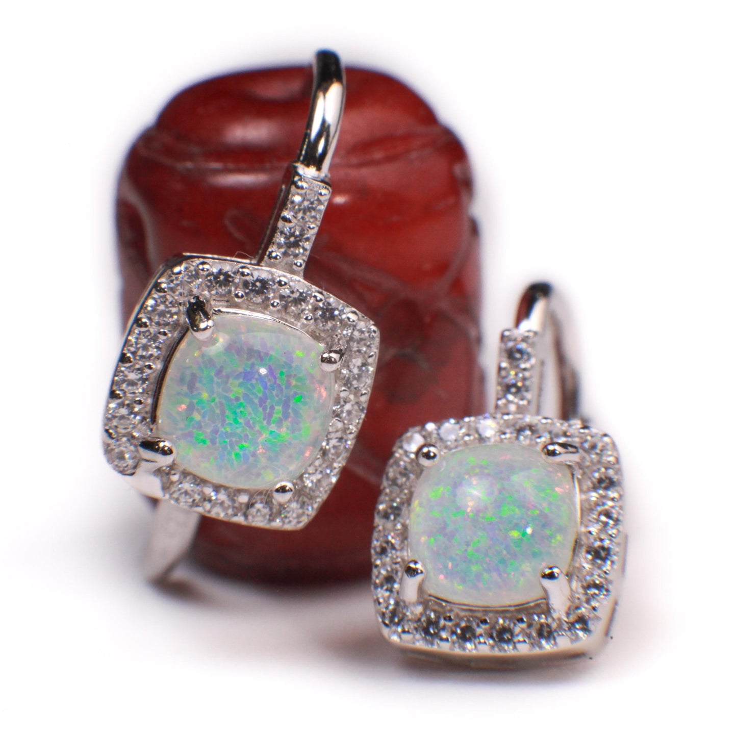 Ethiopian Fire Opal, Welo Opal with CZ Diamond Leverback Earrings in 925 Sterling Silver AAA Fiery Opal Elegant Earrings gift