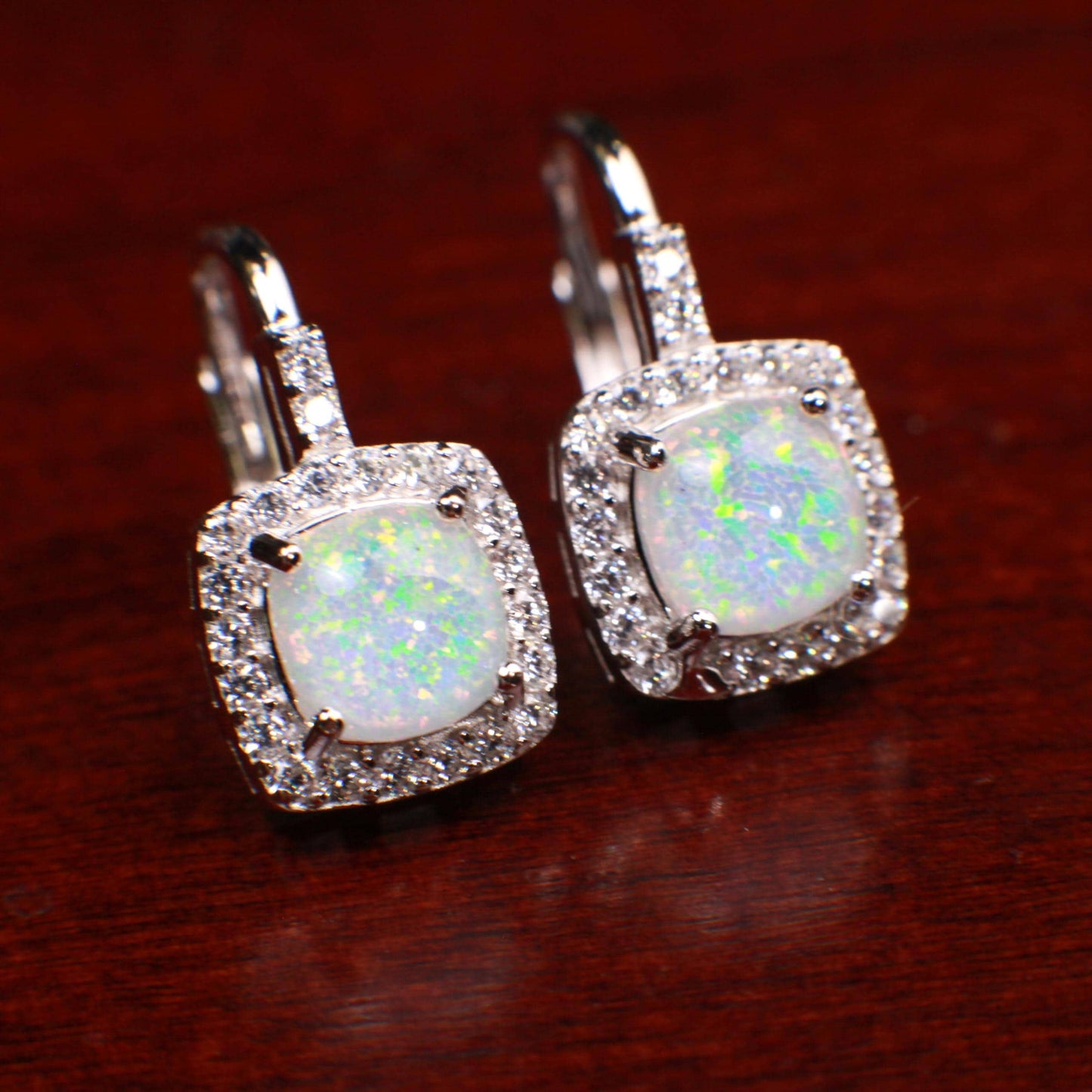 Ethiopian Fire Opal, Welo Opal with CZ Diamond Leverback Earrings in 925 Sterling Silver AAA Fiery Opal Elegant Earrings gift