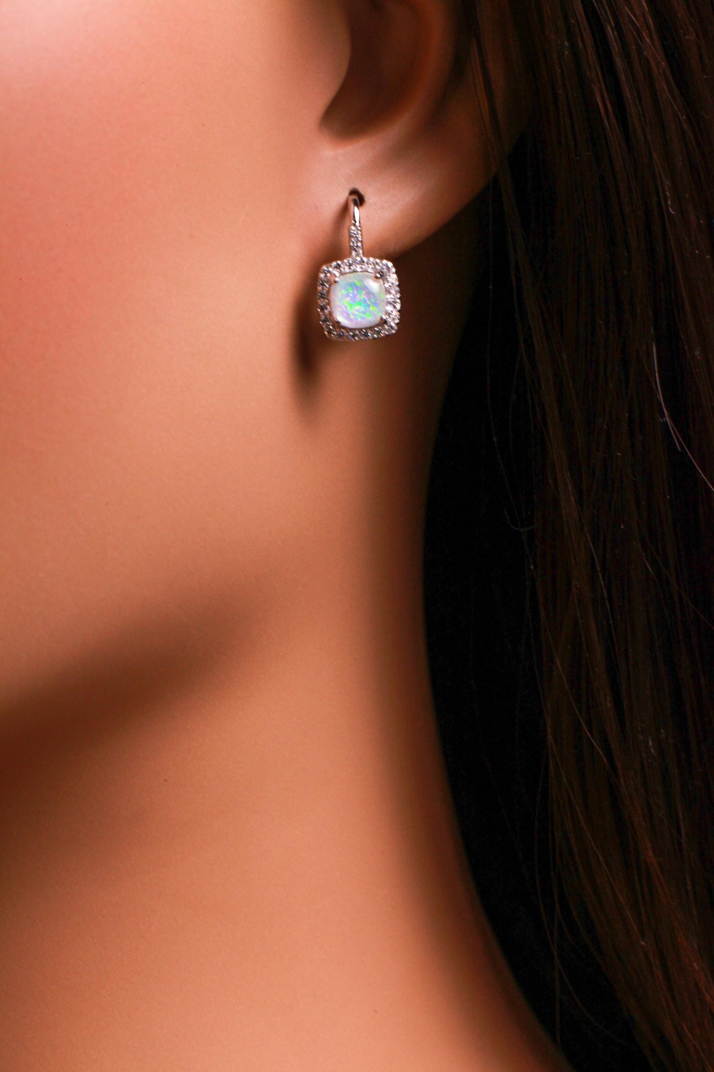 Ethiopian Fire Opal, Welo Opal with CZ Diamond Leverback Earrings in 925 Sterling Silver AAA Fiery Opal Elegant Earrings gift