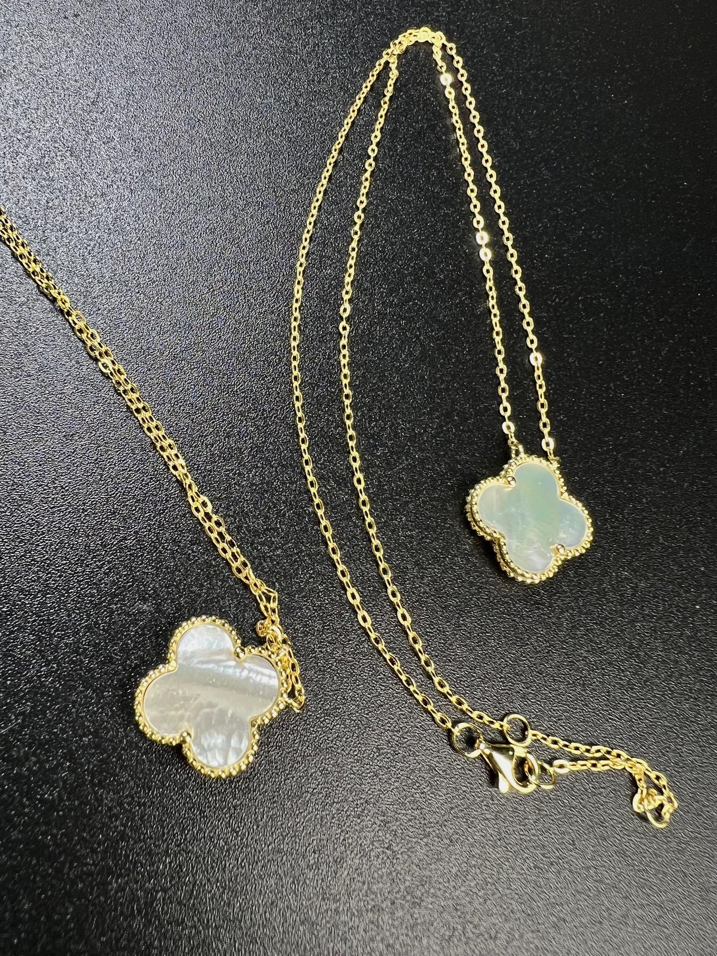22K Gold Vermeil Sterling Silver White Mother of Pearl Double Sided 16mm four leaf Flower Charm 16” extend to 17” and 18” Necklace, Love