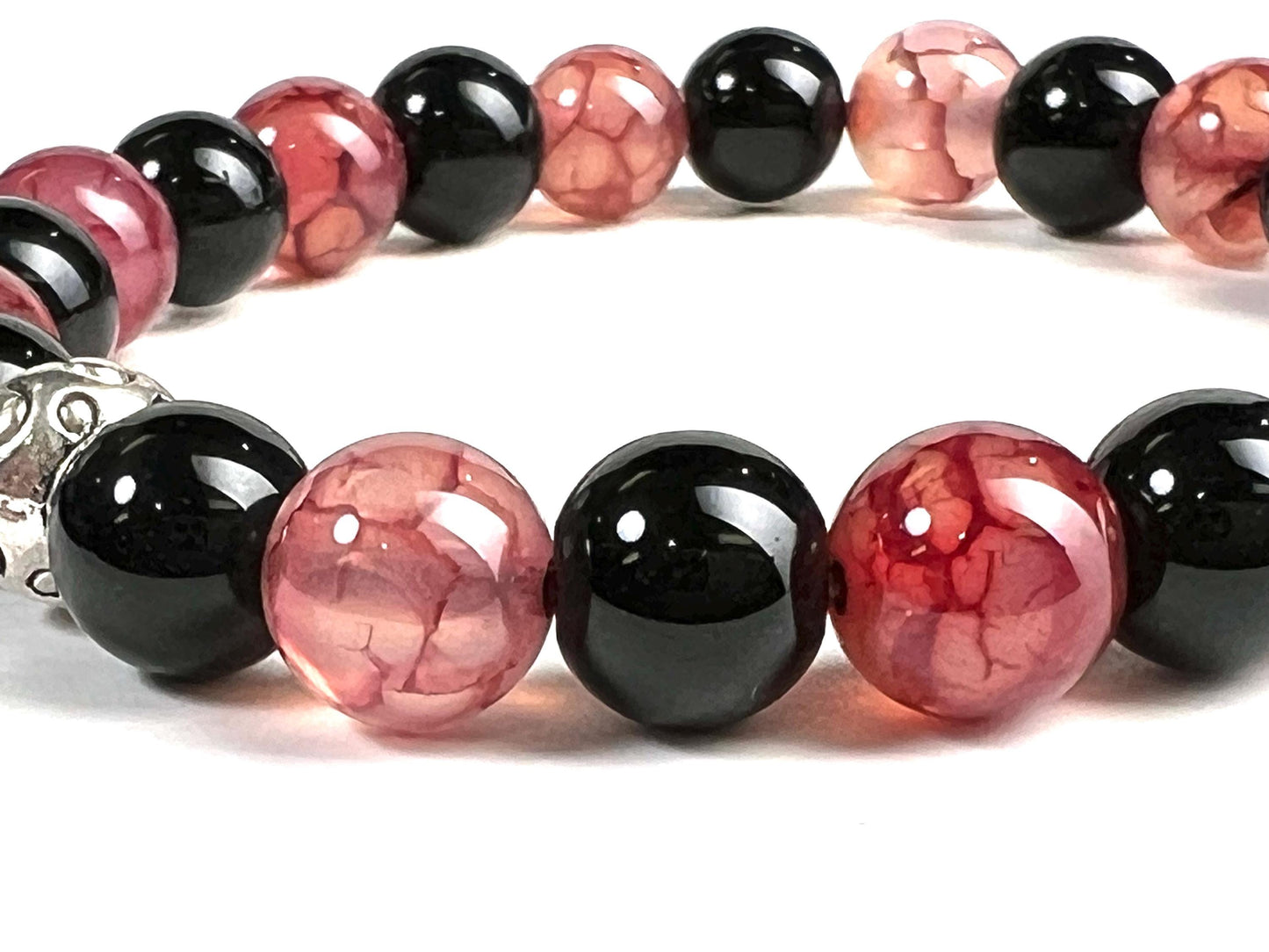 Red Dragon Vein Agate and Bkack Onyx 8mm Smooth Round Beaded Strawberry Color Bracelet