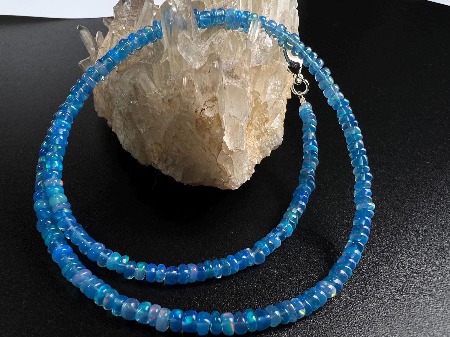 Genuine Ethiopian Fire Opal periwinkle Blue Welo Opal 3-3.5mm Roundel 925 Sterling Silver Necklace, AAA Quality Fiery Opal Jewelry
