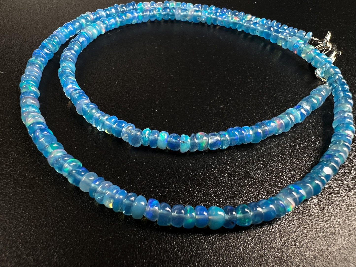 Genuine Ethiopian Fire Opal periwinkle Blue Welo Opal 3-3.5mm Roundel 925 Sterling Silver Necklace, AAA Quality Fiery Opal Jewelry