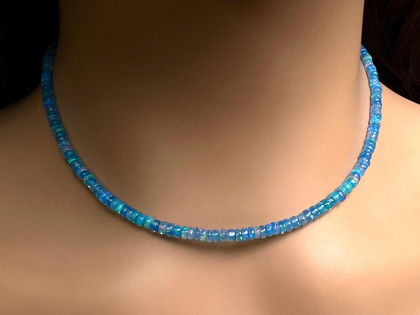 Genuine Ethiopian Fire Opal periwinkle Blue Welo Opal 3-3.5mm Roundel 925 Sterling Silver Necklace, AAA Quality Fiery Opal Jewelry