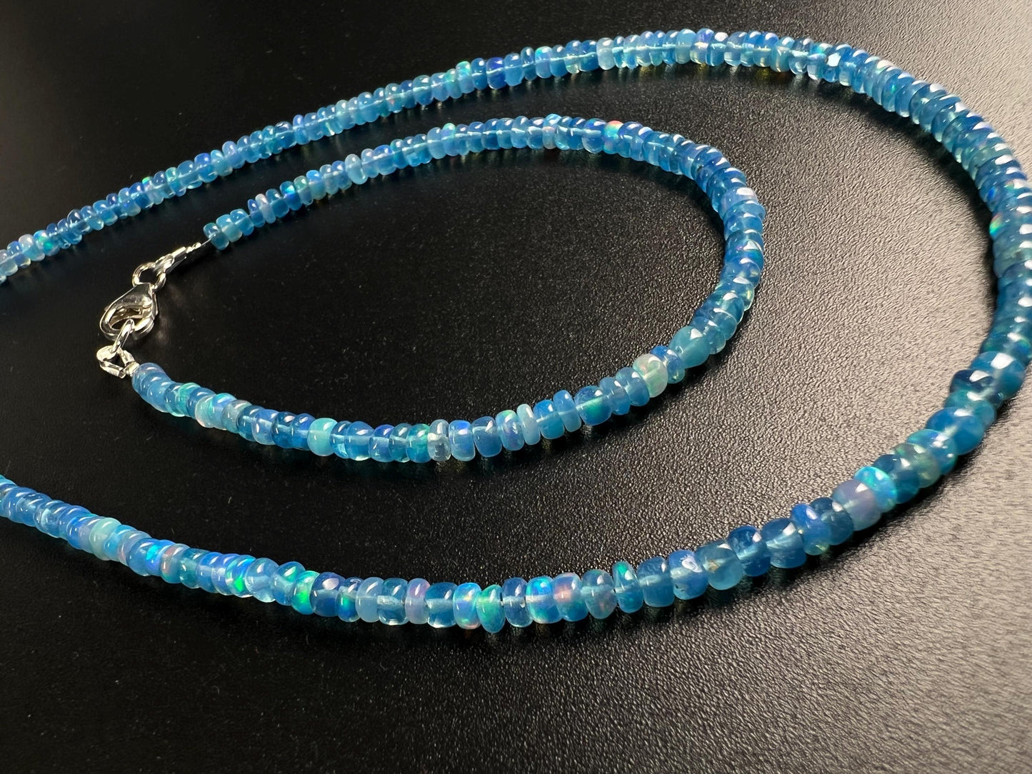 Genuine Ethiopian Fire Opal periwinkle Blue Welo Opal 3-3.5mm Roundel 925 Sterling Silver Necklace, AAA Quality Fiery Opal Jewelry
