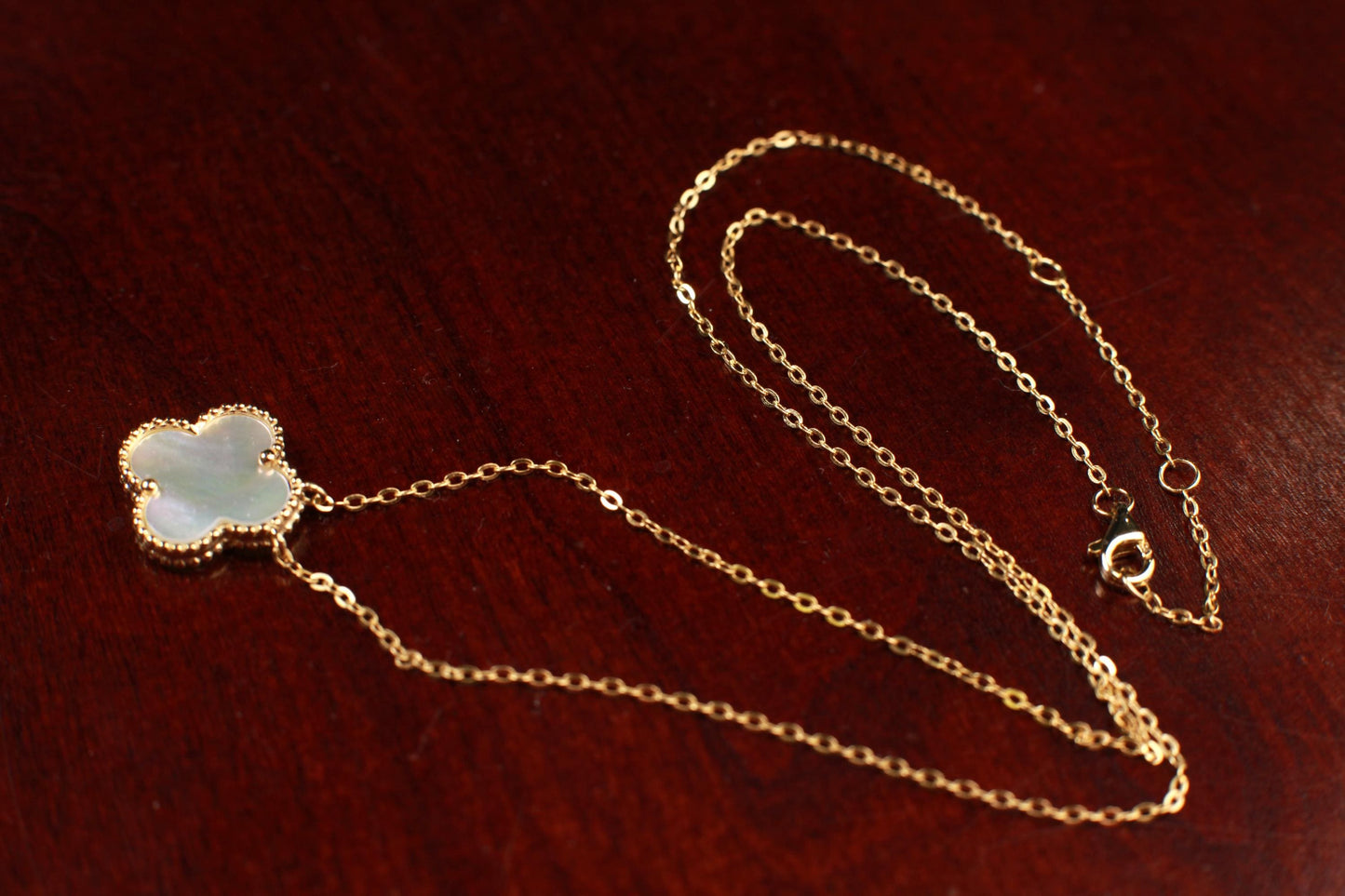 22K Gold Vermeil Sterling Silver White Mother of Pearl Double Sided 16mm four leaf Flower Charm 16” extend to 17” and 18” Necklace, Love