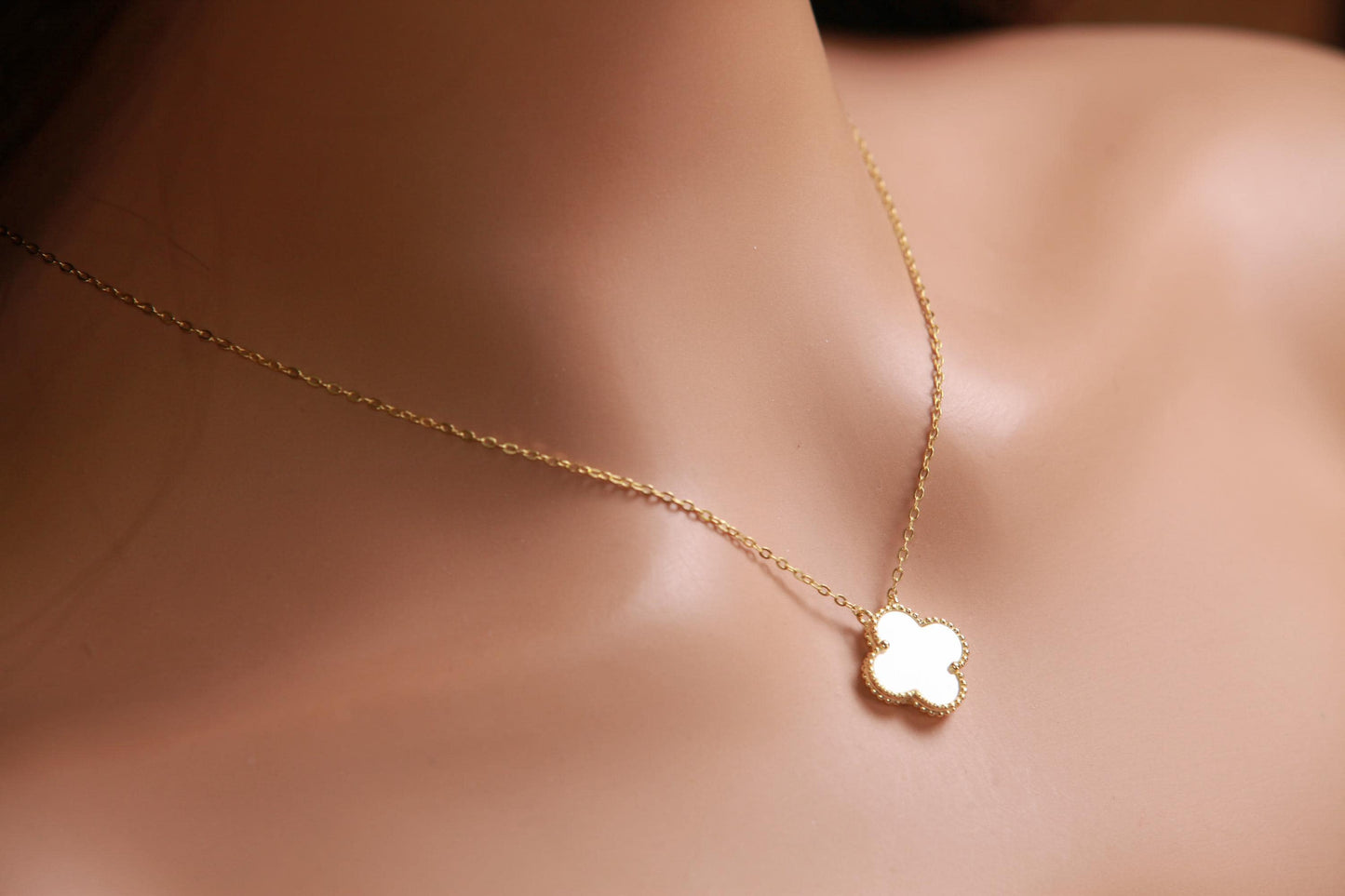 22K Gold Vermeil Sterling Silver White Mother of Pearl Double Sided 16mm four leaf Flower Charm 16” extend to 17” and 18” Necklace, Love