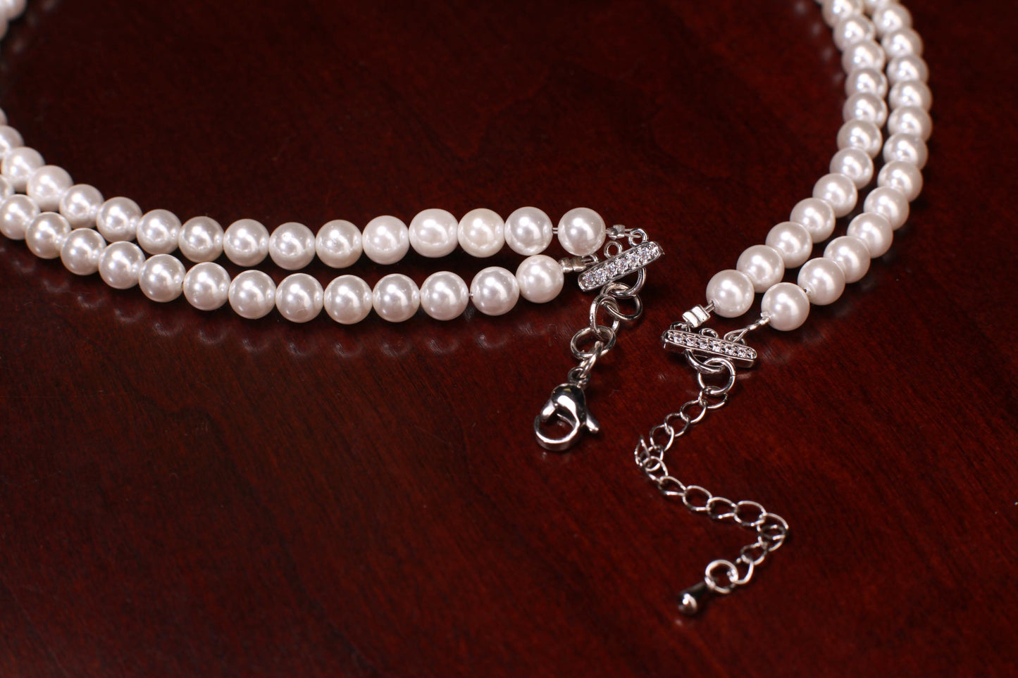 South Sea Shell Pearl 8mm Double Layered Necklace with Blue Sapphire 40mm CZ Pendant Necklace 18”& 2" Extension Chain wedding party jewelry