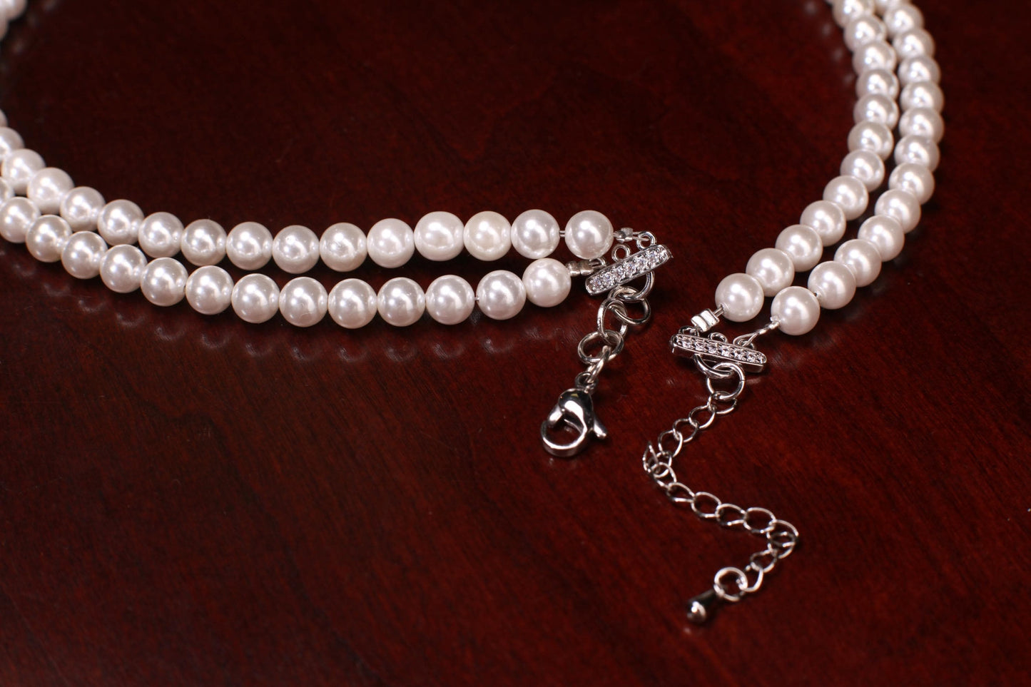 South Sea Shell Pearl 8mm Double Layered Necklace with Blue Sapphire 40mm CZ Pendant Necklace 18”& 2" Extension Chain wedding party jewelry