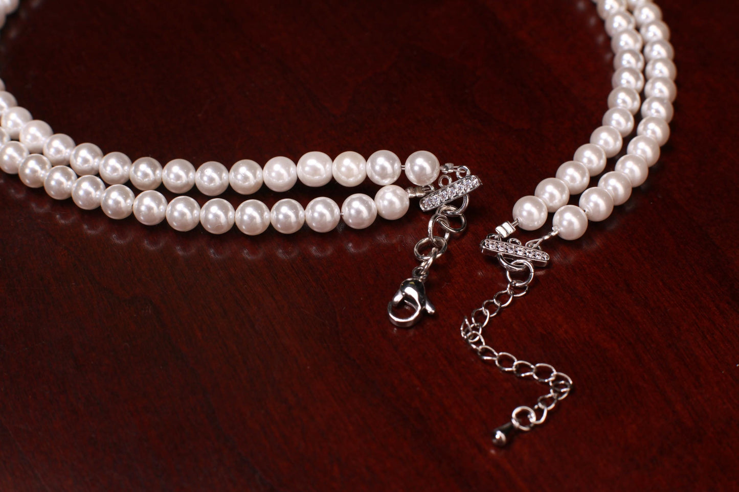 South Sea Shell Pearl 8mm Double Layered Necklace with Blue Sapphire 40mm CZ Pendant Necklace with 2" Extension Chain wedding party jewelry