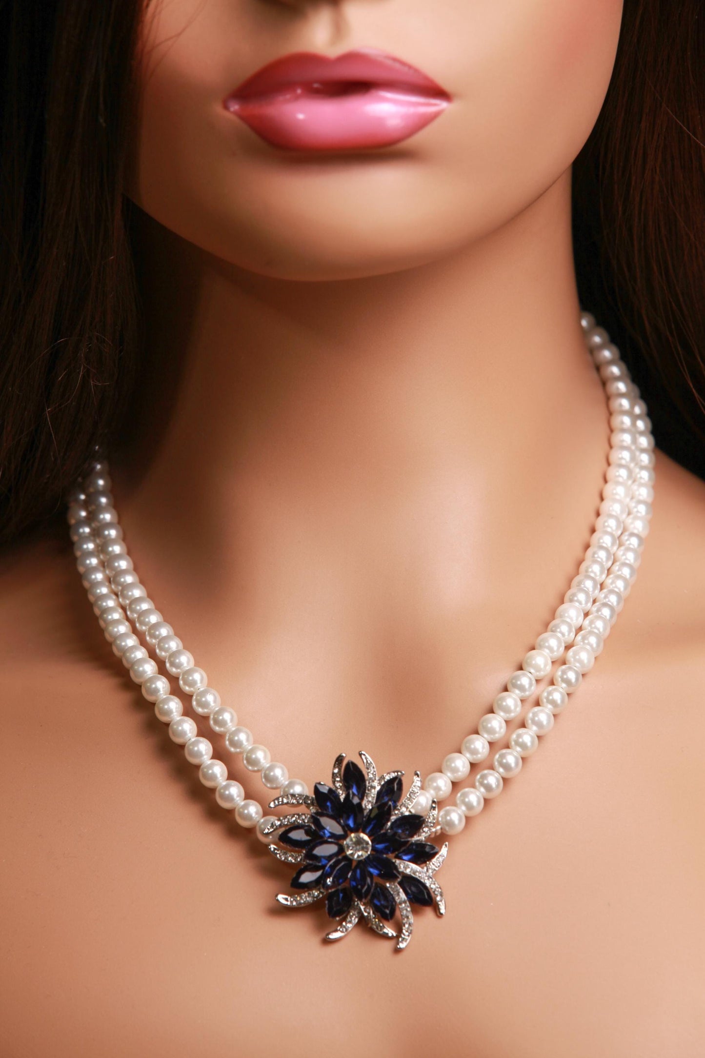 South Sea Shell Pearl 8mm Double Layered Necklace with Blue Sapphire 40mm CZ Pendant Necklace with 2" Extension Chain wedding party jewelry
