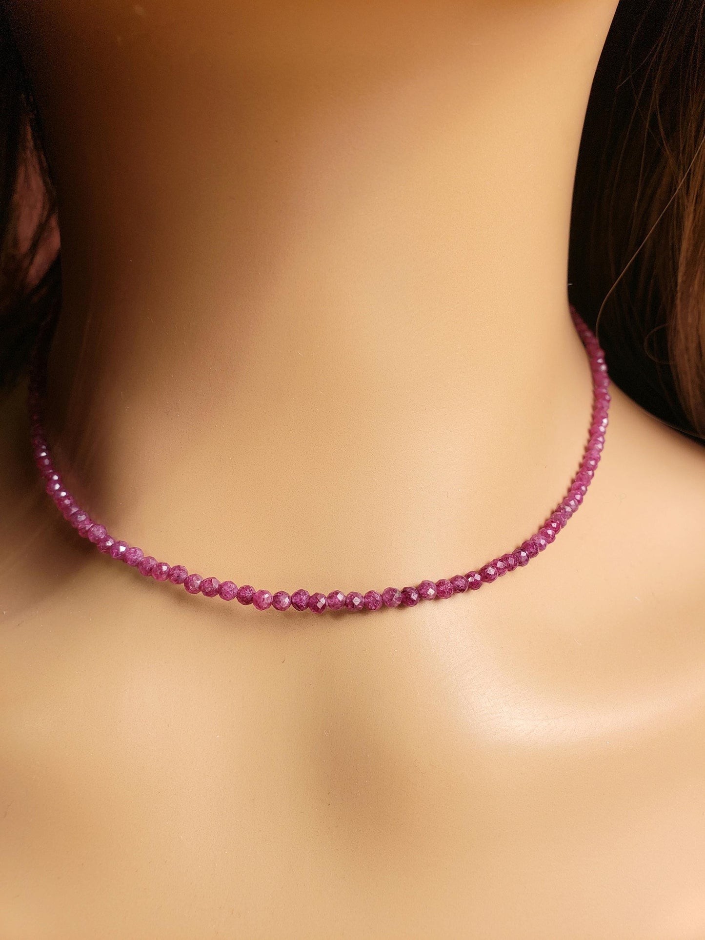 Genuine Ruby Necklace pinkish Red Ruby Faceted 3mm Round Sterling silver Rhodium Necklace, Beautiful Dark pinkish Red Ruby Gemstone Jewelry
