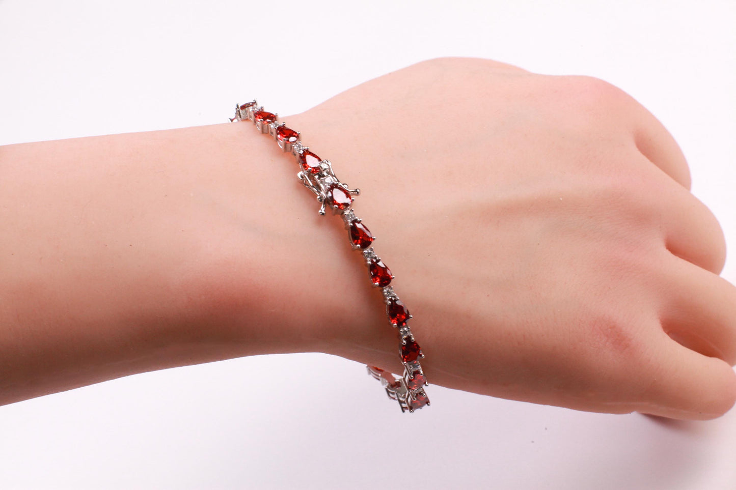 Genuine Garnet Teardrop shape 4x6mm Prong CZ Diamond 925 Sterling Silver Tennis Bracelet 7"with safety clasp. January birthstone, gift