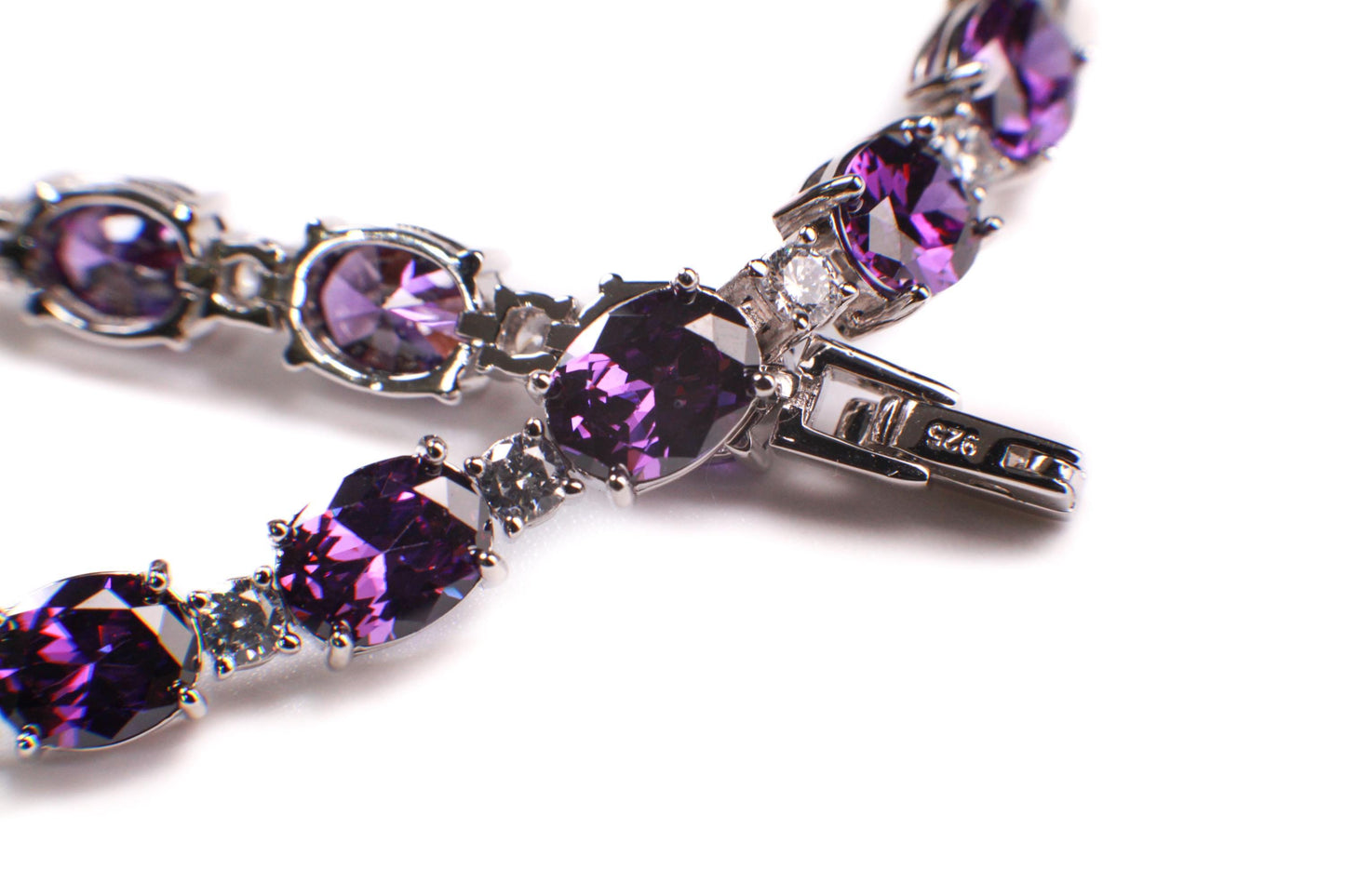 Purple Amethyst Oval shape 6x8mm Prong CZ Diamond 925 Sterling Silver Tennis Bracelet 7" February birthstone, holiday best gift 925 stamped