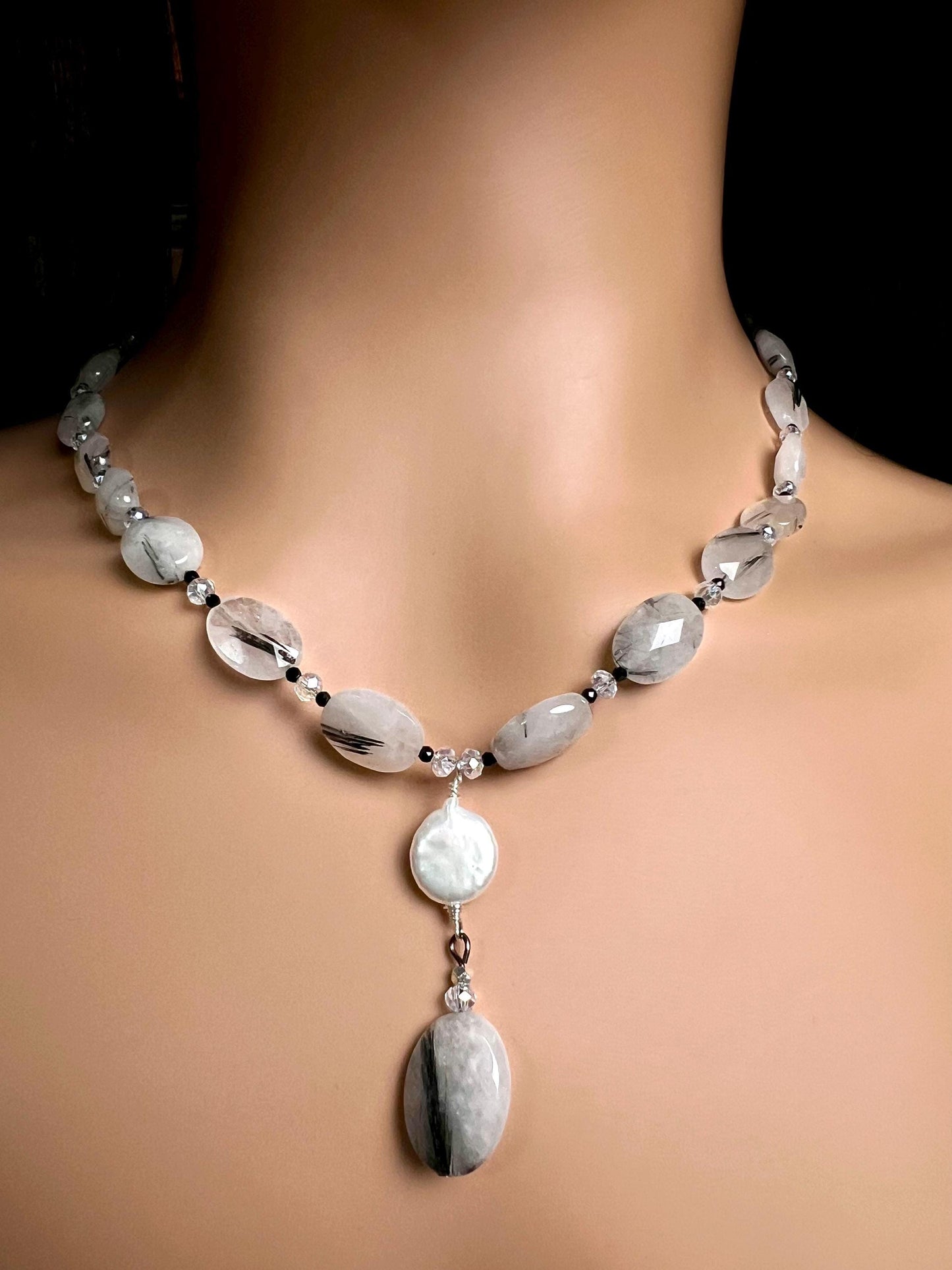 Natural Rutilated Quartz faceted oval black spinel spacer Freshwater coin petal pendant Necklace.