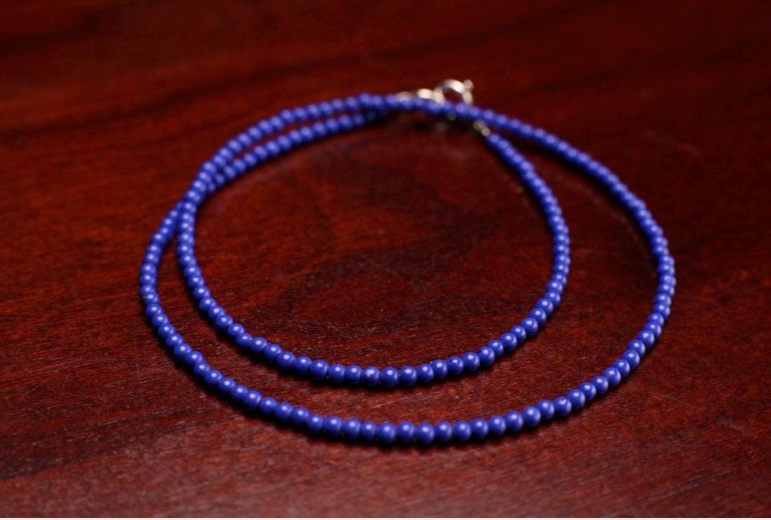 Natural Lapis Lazuli 2mm Smooth Round bead ,925 sterling silver Choker Layering Necklace, Handmade, Energy, Minimalist, Gift