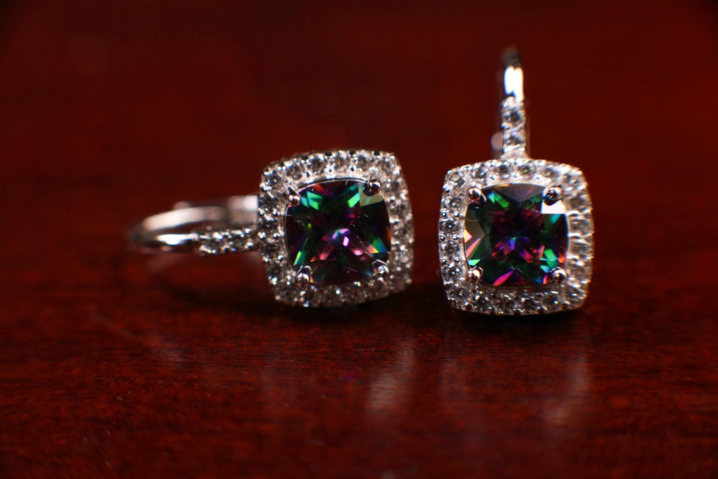 Mystic Topaz, 9mm Aurora borealis Mystic Topaz natural gemstone with CZ Diamond Leverback Earrings in 925 Sterling Silver Purple Earrings