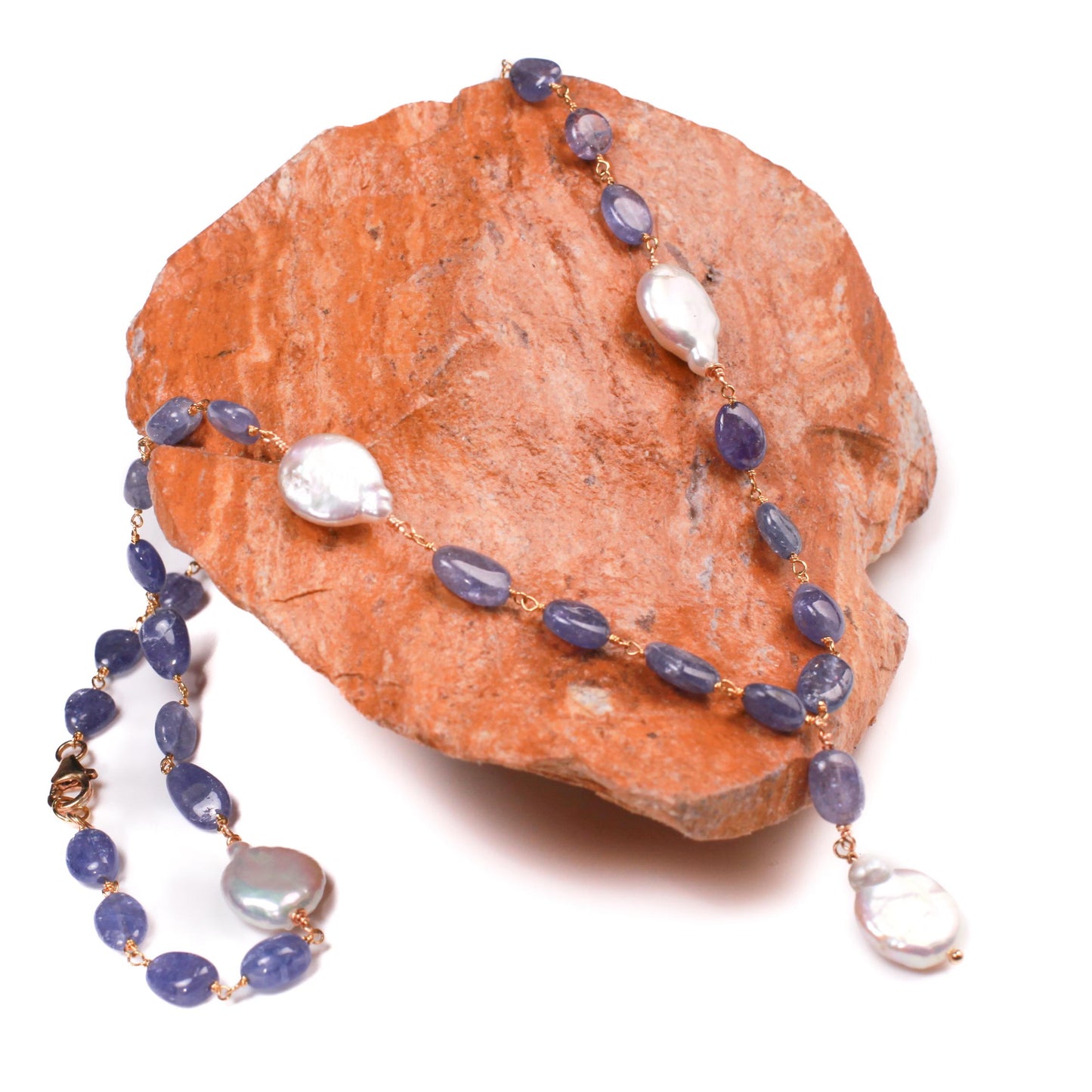 Natural Tanzanite 7-8.5mm smooth oval freshwater Coin pearl spacer and dangling pendat 18k Gold Vermeil handmade Necklace.